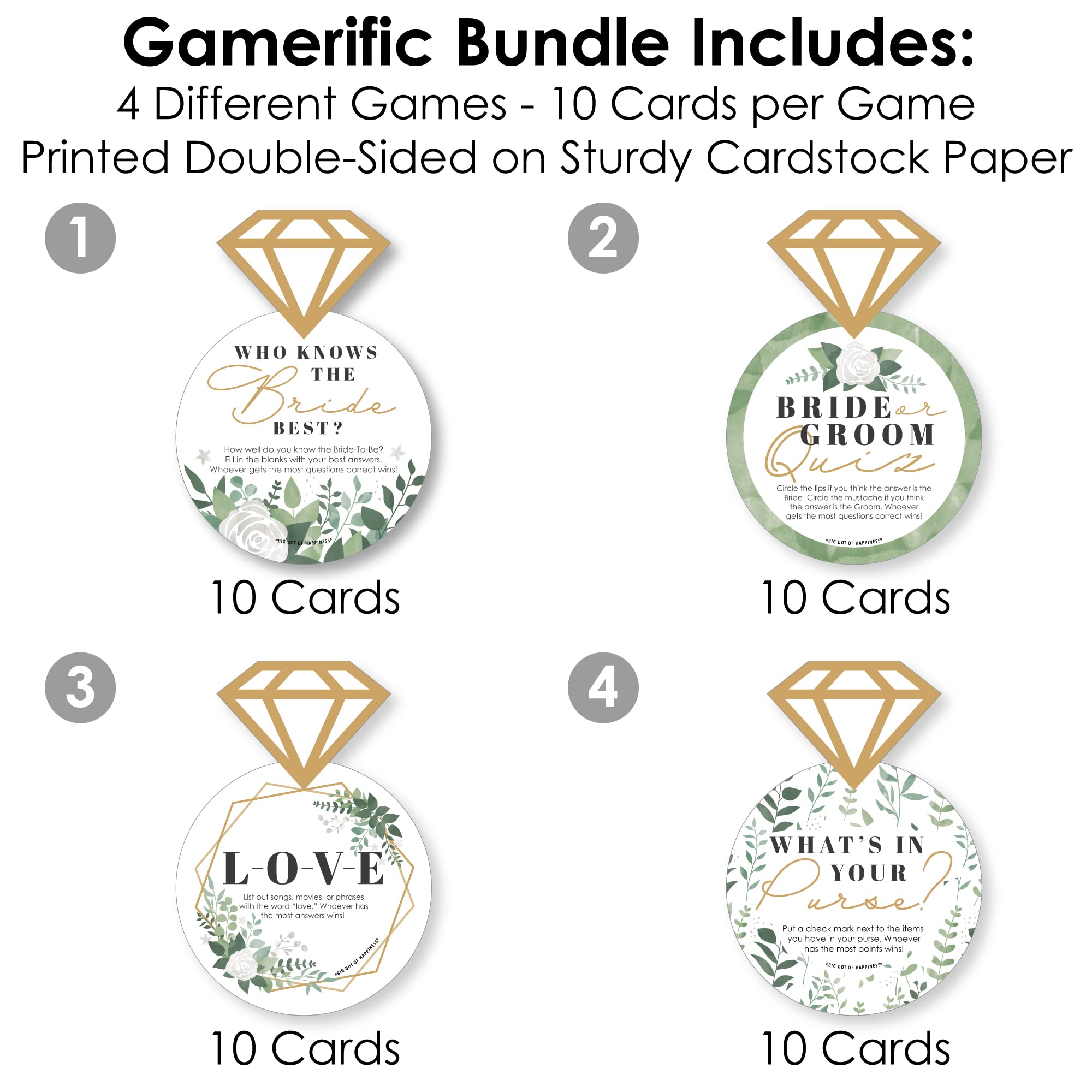 Big Dot Of Happiness Boho Botanical Bride - 4 Greenery Bridal Shower Games - 10 Cards Each - Gamerific Bundle