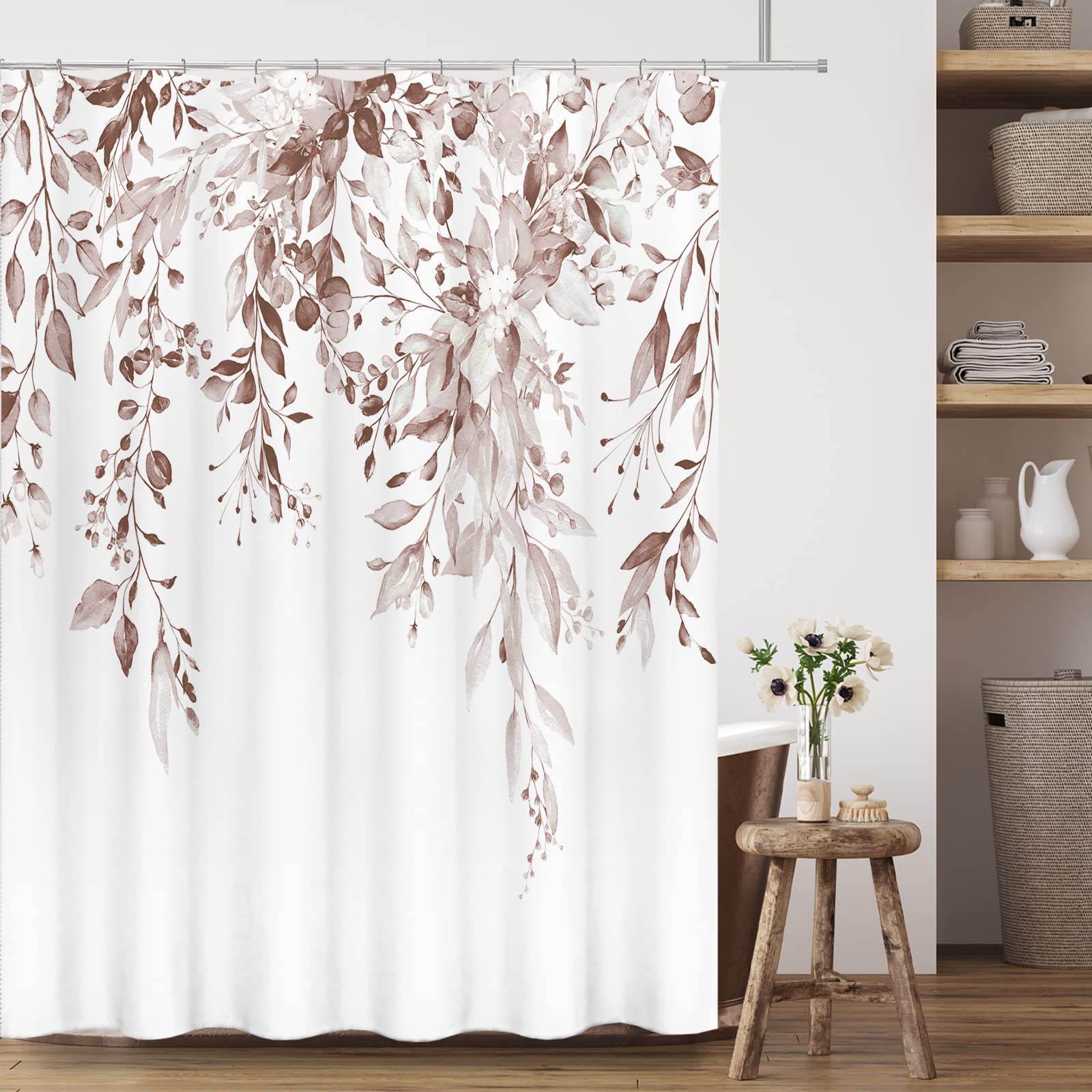 Tititex Rosy Brown Eucalyptus Shower Curtain Sets, Watercolor Leaves On The Top Plant With Floral Bathroom Decoration 72X72 Inch