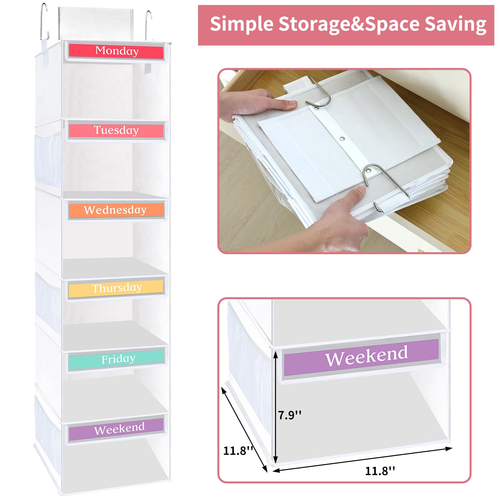 Fixwal 6-Shelf Weekly Hanging Closet Organizer For Kids With 6 Side Pockets Collapsible Weekday Kids Room Storage Organizer Dail