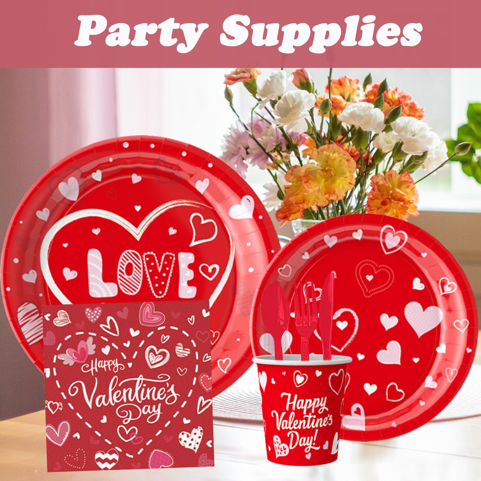Jiefull 168 Pcs Valentine'S Day Party Tableware, Hot Heart Love Disposable Paper Party Plates And Cups And Napkins Sets Serves 2