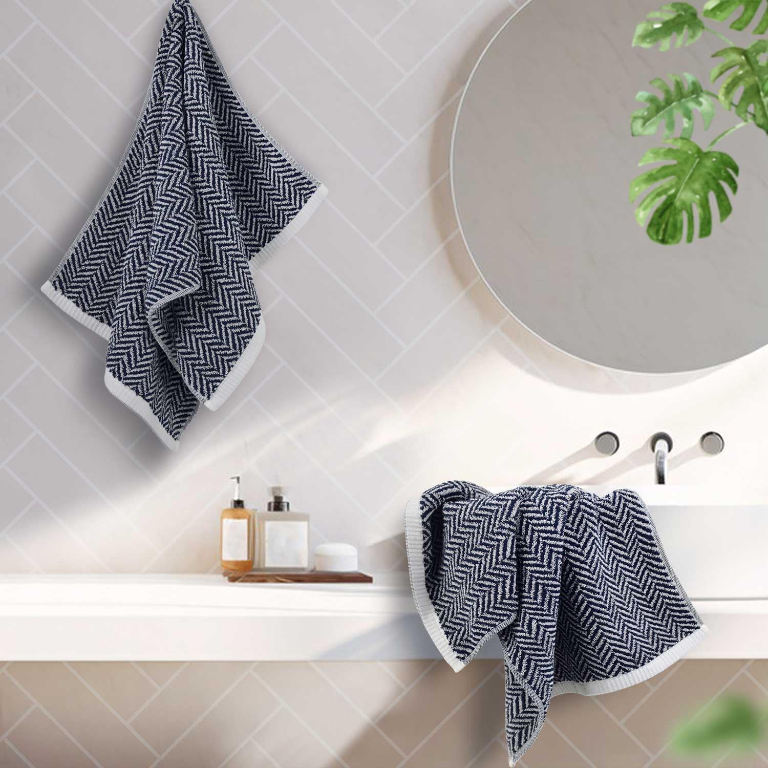 Cleanbear Hand Towels For Bathroom Set Of 4 - Herringbone Stripes, 13 X 28 Inches, 3.5 Oz Per Towel, Lightweight For Quick Dryin