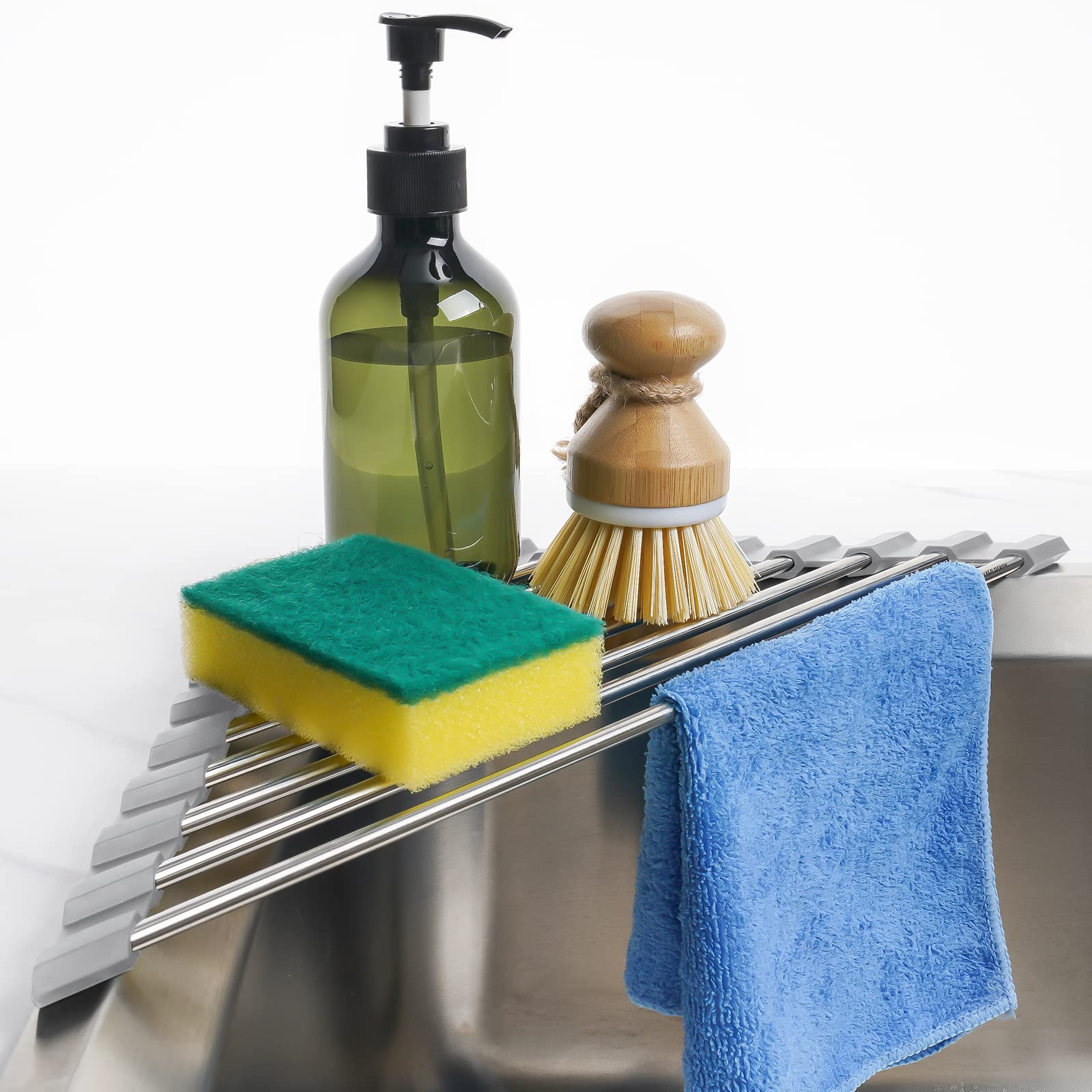 Tomorotec Triangle Roll-Up Dish Drying Rack for Sink Corner Small Foldable Stainless Steel Over The Sink Multipurpose Kitchen Dr
