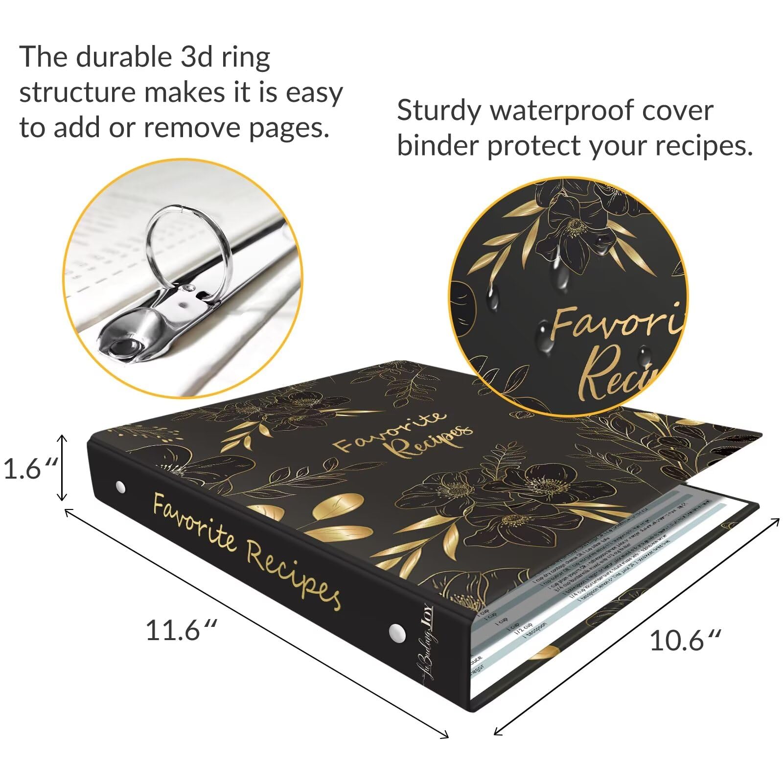 LuBudingJoy Recipe Binder - 8.5x11 Full Page Cards, Plastic Sleeves, Dividers, Black Floral Design