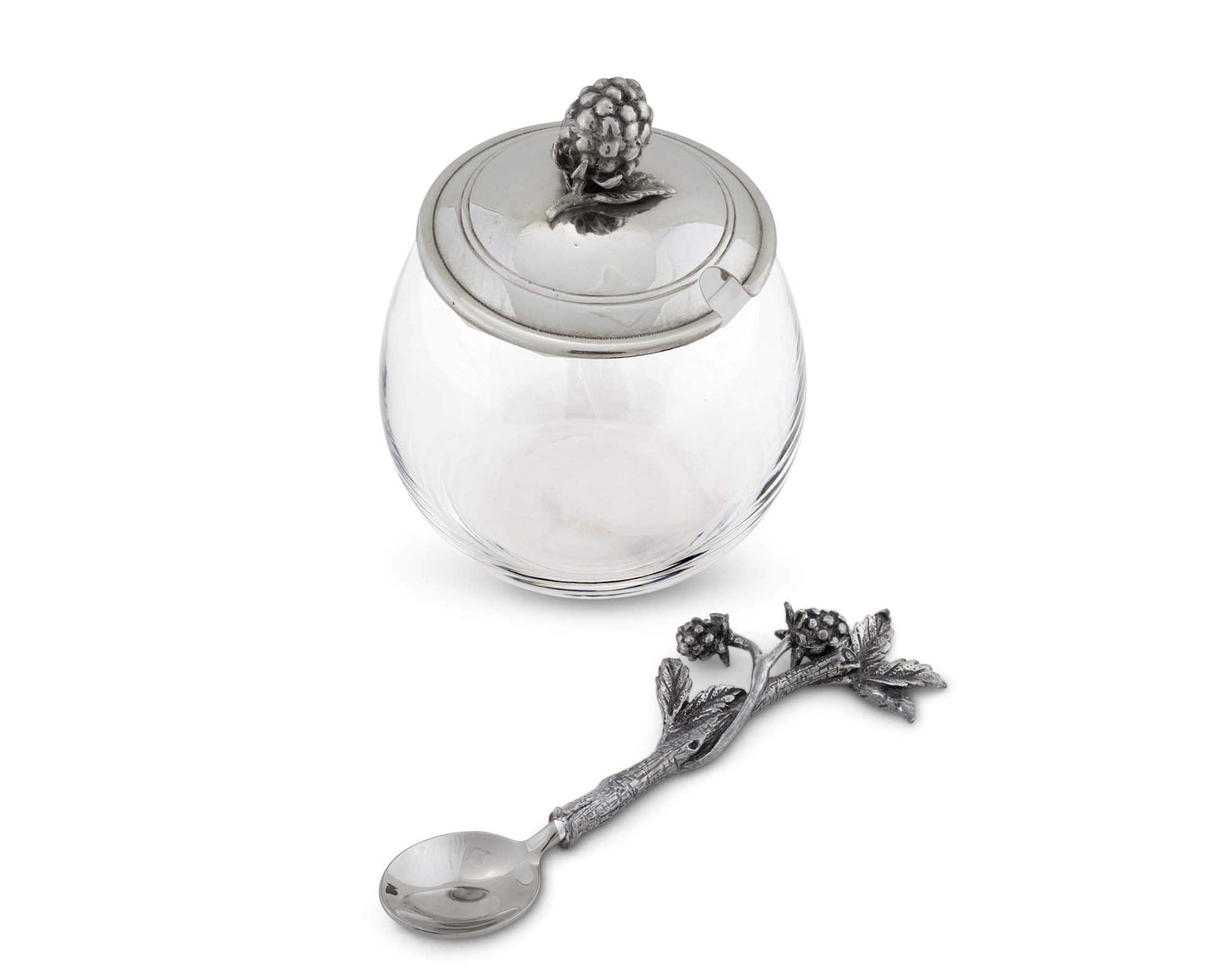 Vagabond House Pewter Blackberry Raspberry Jam Jar Pot With Spoon 5 Inch Tall 12 Oz