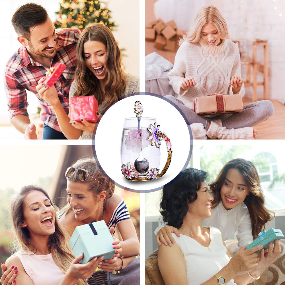 Goodking Flower Glass Tea Mug, Lead-Free Handmade Enamel Coffee Mug Tea Cups with Spoon For Women Grandma Mom Teachers Friend Wi