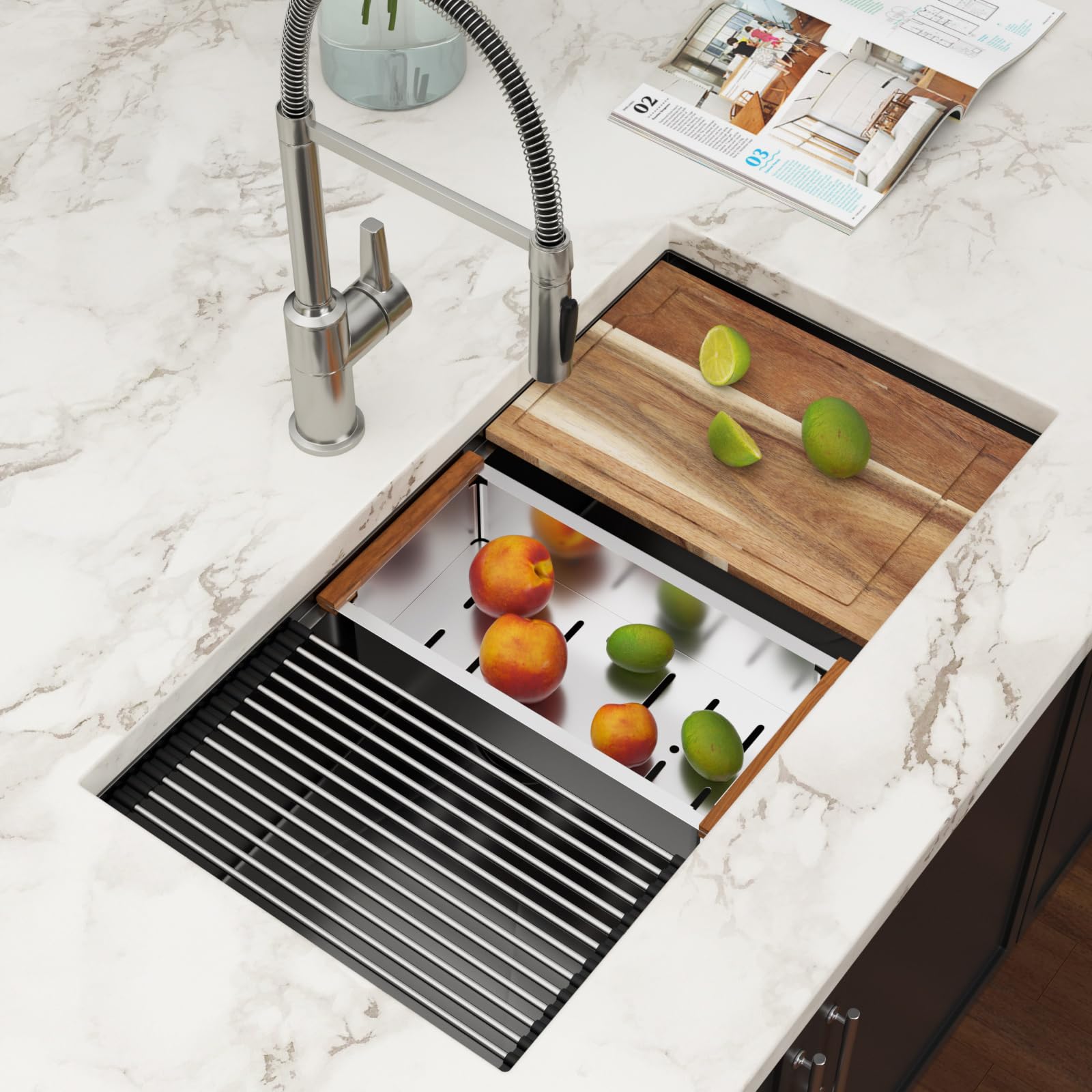 Couoko 33 X 19 Inch Black Undermount Kitchen Sink Workstation Single Bowl Gunmetal Black Stainless Steel Sink 16 Gauge Handmade