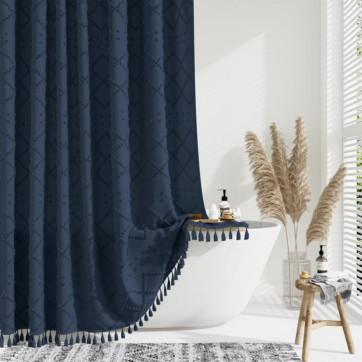Dynamene Navy Blue Fabric Shower Curtain, Boho Tufted Geometric Striped Tassel Shower Curtain For Bathroom, Shabby Chic Modern F