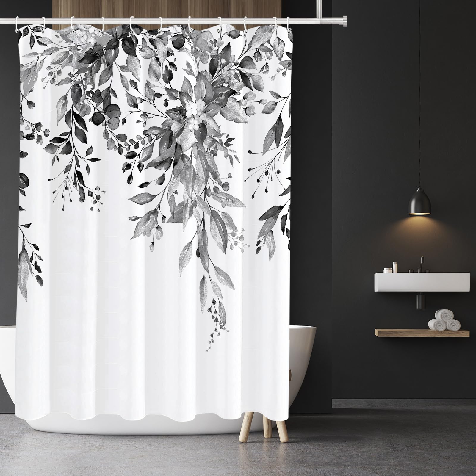 Tititex Black Eucalyptus Shower Curtain Sets, Watercolor Grey Leaves On The Top Plant With Floral Bathroom Decoration 60X72 Inch