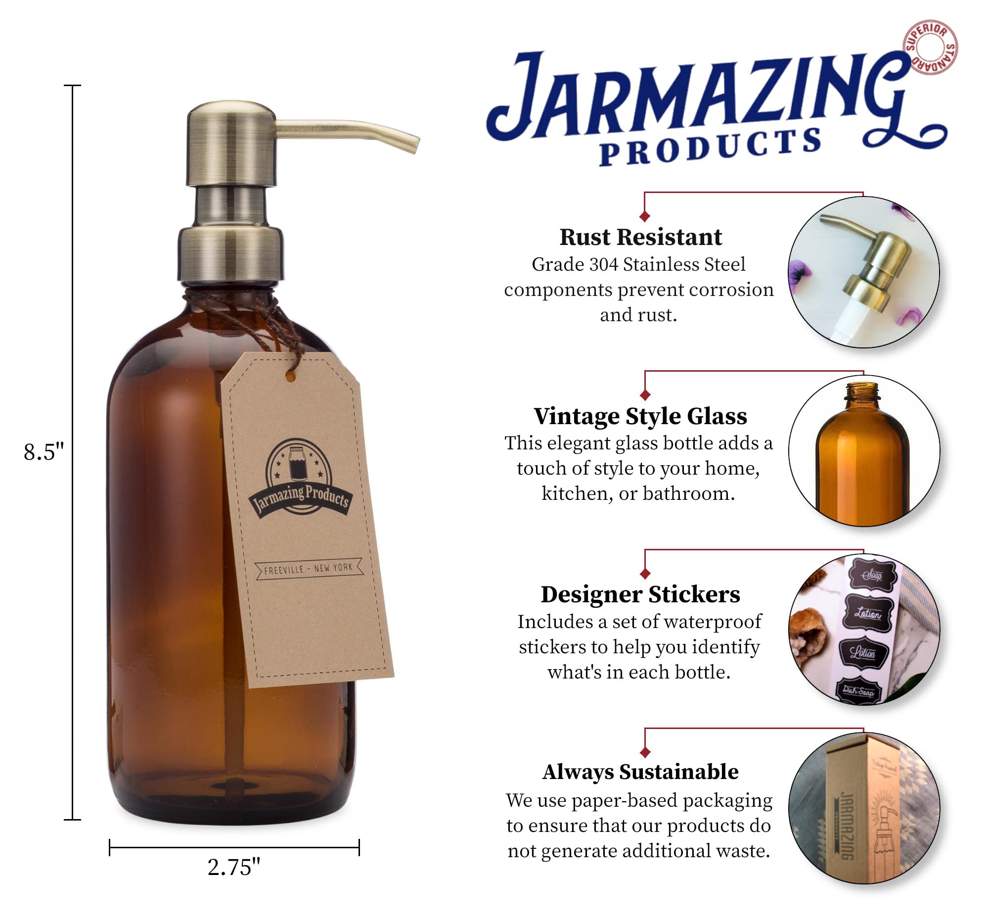 Amber Glass Bottle Soap And Lotion Dispenser With Brass Pump - 16 Oz - By Jarmazing Products