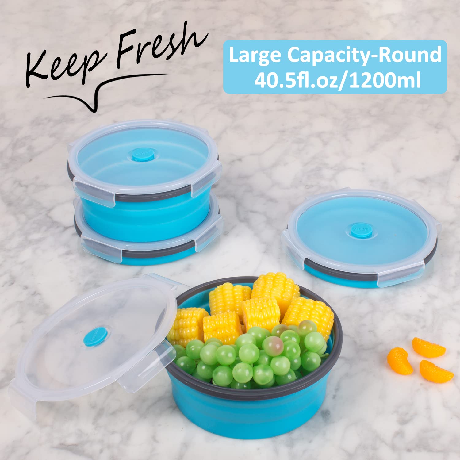 Collapsible Food Storage Containers With Airtight Lid & Vent, 40.5 Oz, Kitchen Stacking Silicone Collapsible Meal Container Set
