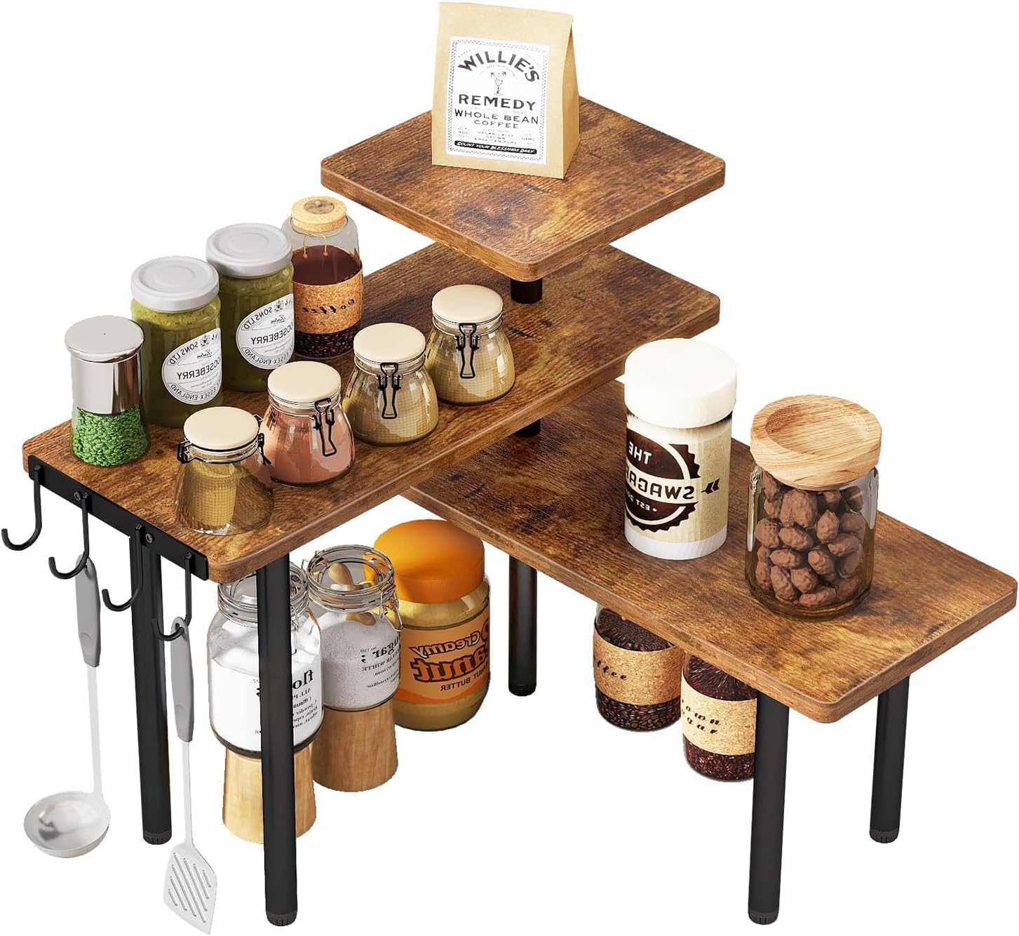 Allkartz Wooden Kitchen Organizer Rack, 3 Tier Kitchen Rack For Countertop Storage, Spice Rack Organizer, Multipurpose Kitchen O