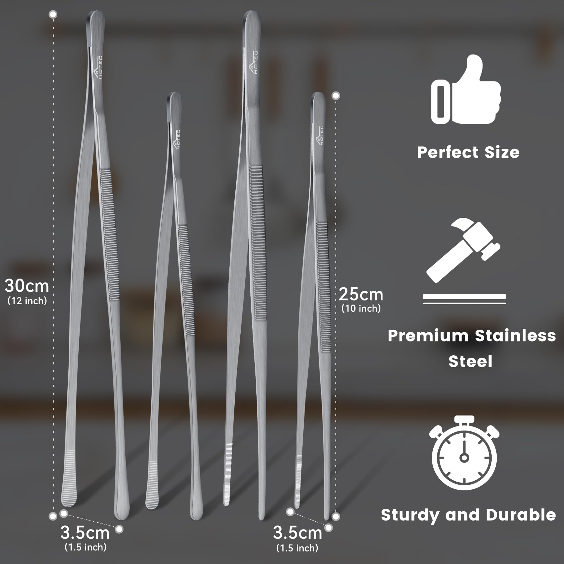 Hotec Kitchen Tweezers Stainless Steel Tongs Fine Kitchen Tongs For Cooking,Grill And Baking, Extra-Long Foood Tweezers, Set Of