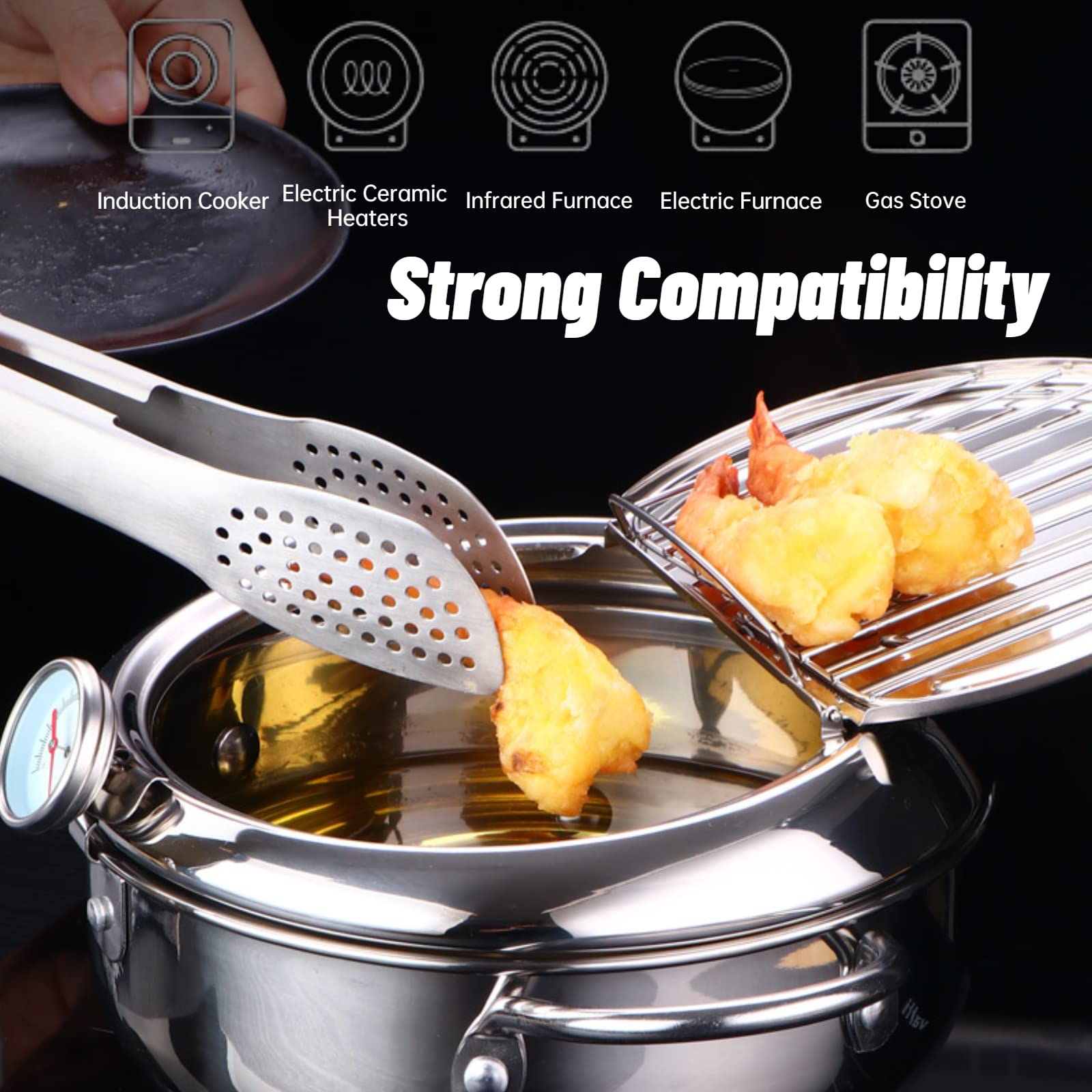 Stainless Steel Deep Fryer Pot,Tempura Small Deep Fryer Pot With Thermometer Oil Drip Drainer Rack For French Fries Shrimp Chick