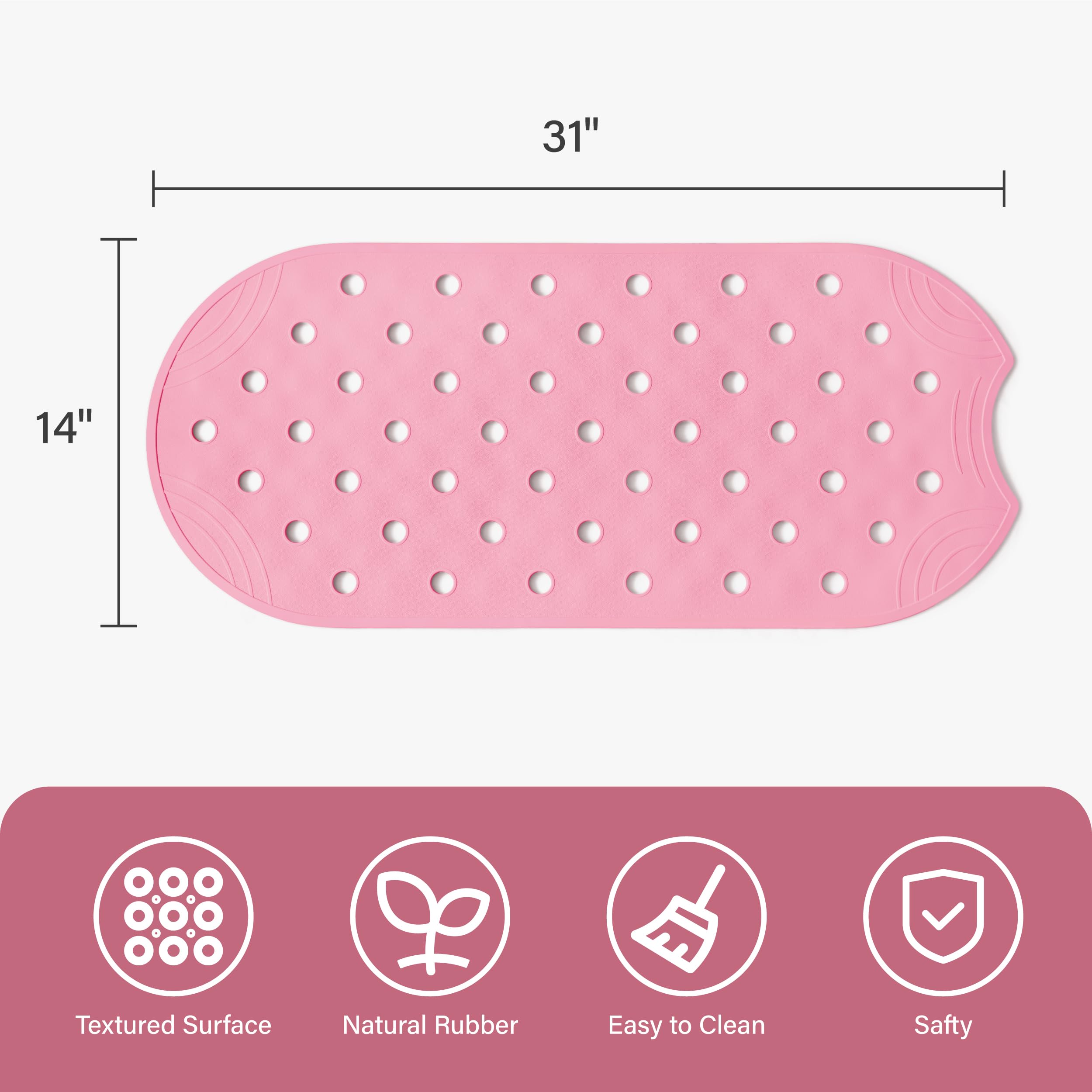 Selfsuite Rubber Bathtub Mat Shower Mat Non-Slip, 31X14 Inch, Bath Tub Floor Mat With Suction Cups And Drainage Holes, Pink