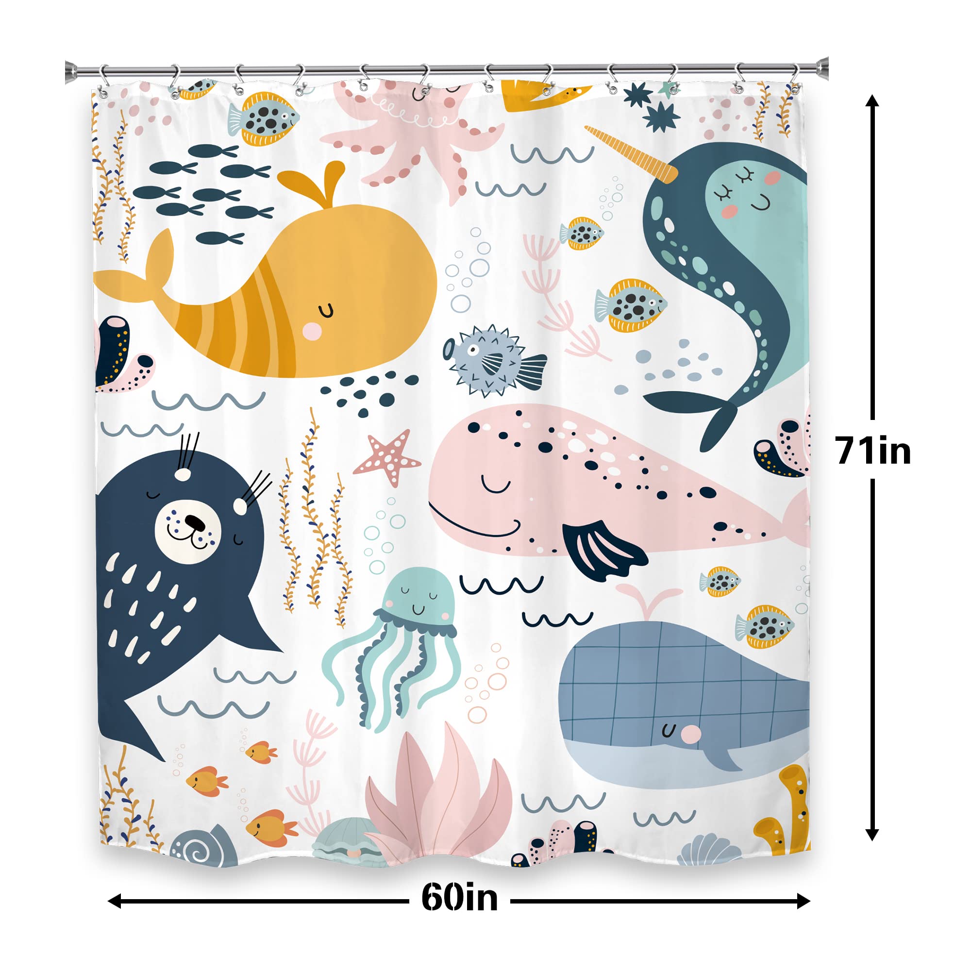 Lghtyro Cartoon Whale Shower Curtain Bathroom Set 60Wx71H Inches Kids Fish Baby Ocean Animals Underwater Sea Boys Girls Child Ba