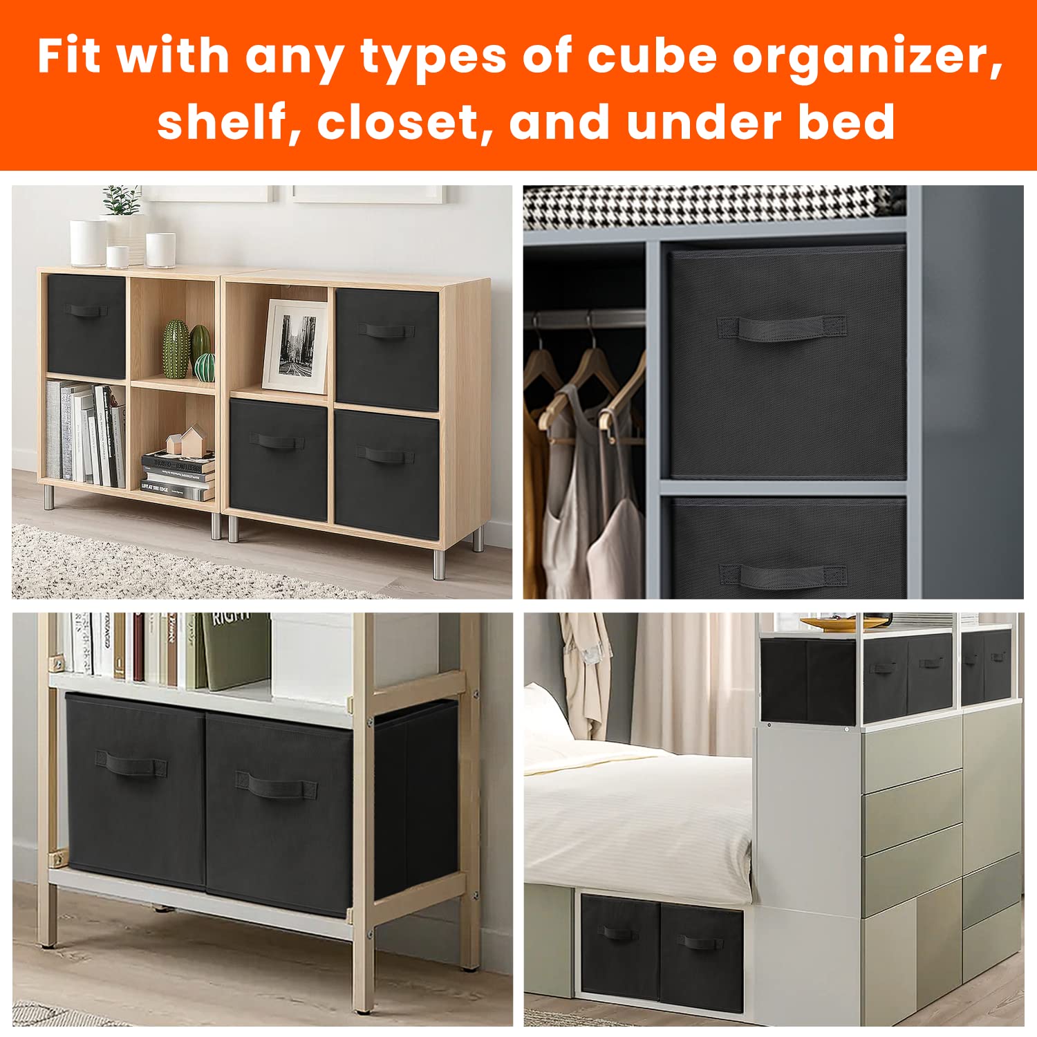 Storage Cubes  13x13 Large Cube Storage Bins (Set of 8)  Fabric Collapsible Clothes Storage Bins with Dual Handles  Foldable Cube Baskets for Shelf  Closet Organizers and Storage Box (Black)