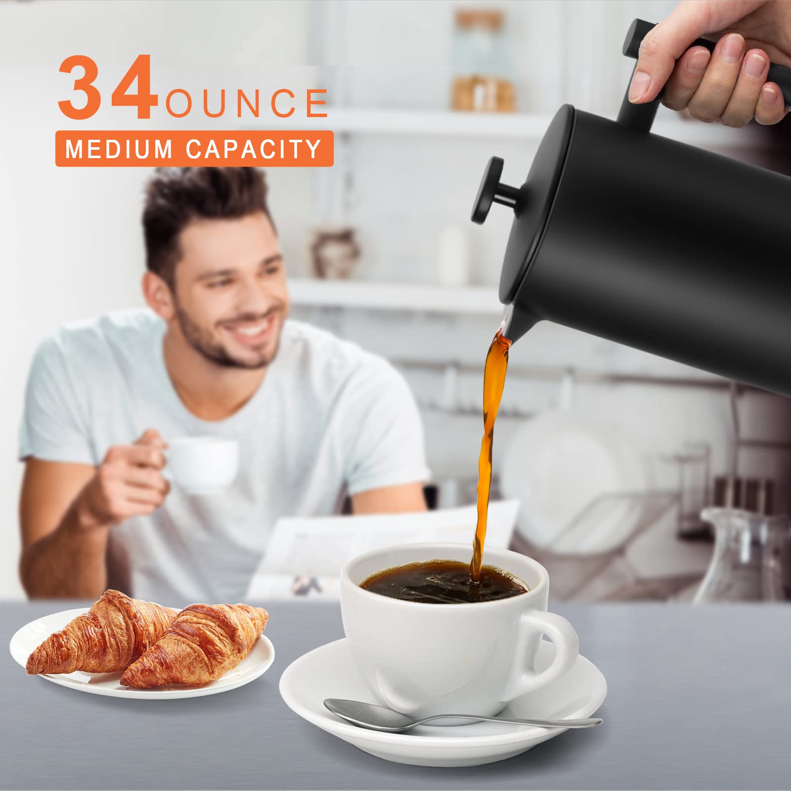 Secura French Press Coffee Maker, Double-Wall 304 Grade Stainless Steel Coffee Press With 2 Extra Screens, 34Oz (1L), Black