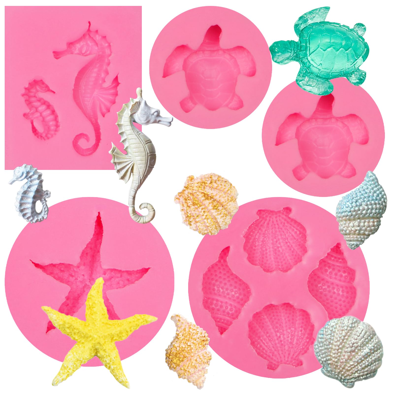 Marine Theme Fondant Silicone Molds 5 Pcs, Seashell Conch Eahorse Starfish Tortoise Chocolate Mold For Cake Decoration Candy Sug