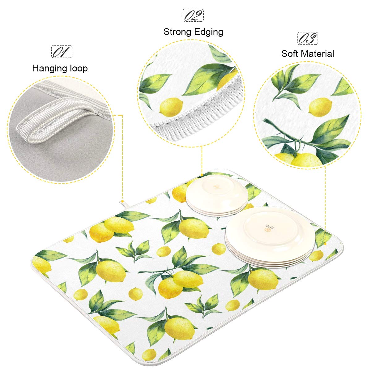 Tropical Lemon Leaves Dish Drying Mat 16x18 for Kitchen Lemon Yellow Lime Tree Dishes Pad Dish Drainer Rack Mats Absorbent Fast Dry Kitchen Accessories