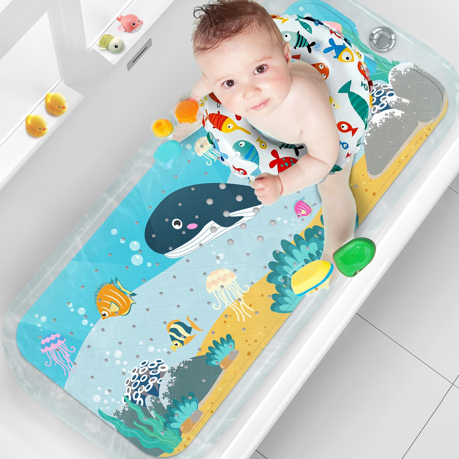 XIYUNTE Baby Bath Mat for Tub for Kids  40 X 16 Inch Extra Long Kids Bathtub Mat Non Slip  Cartoon Patterned Bath Tub Shower Mat Anti Slip with Suction Cups & Drain Holes  Machine Washable  Whale