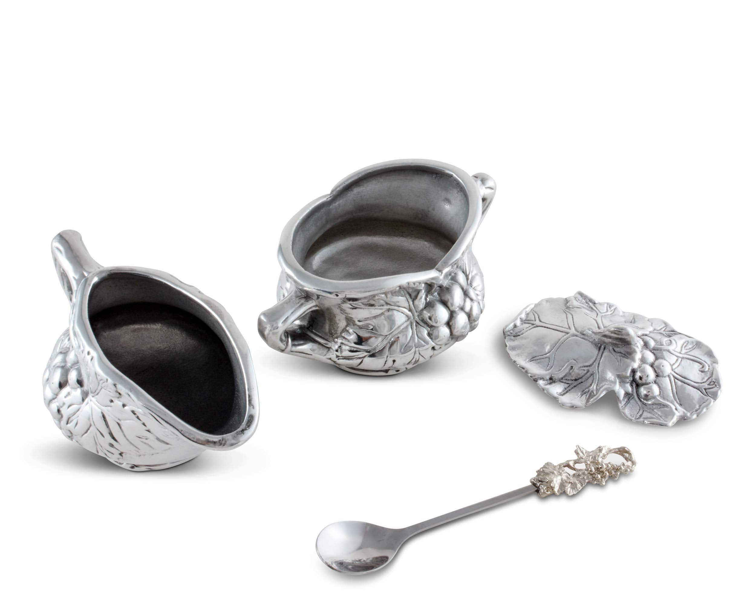 Arthur Court Designs Aluminum Grape Pattern Sugar And Creamer Set Sugar Bowl For Coffee And Tea 5.75 In W X 2.75 In H Creamer: 5