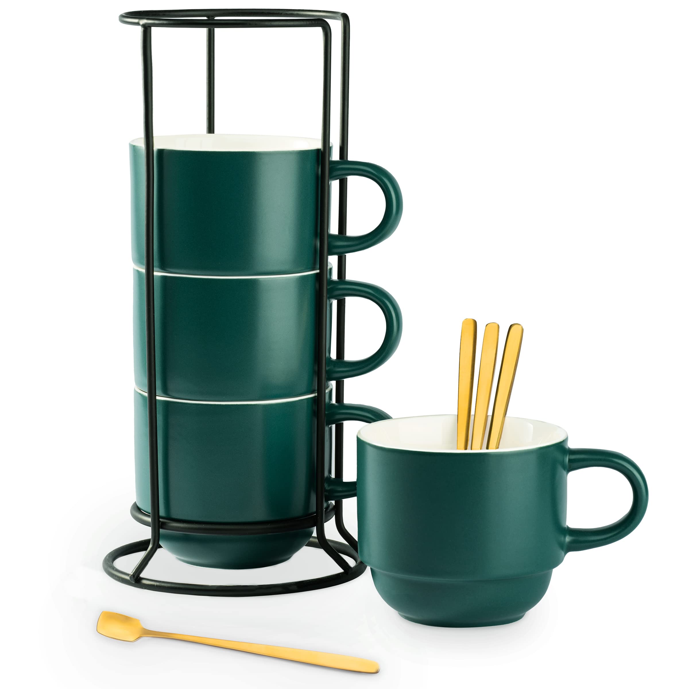 YHOSSEUN Stackable Coffee Mugs, Mug Set of 4 with Rack and Spoons, 11 OZ