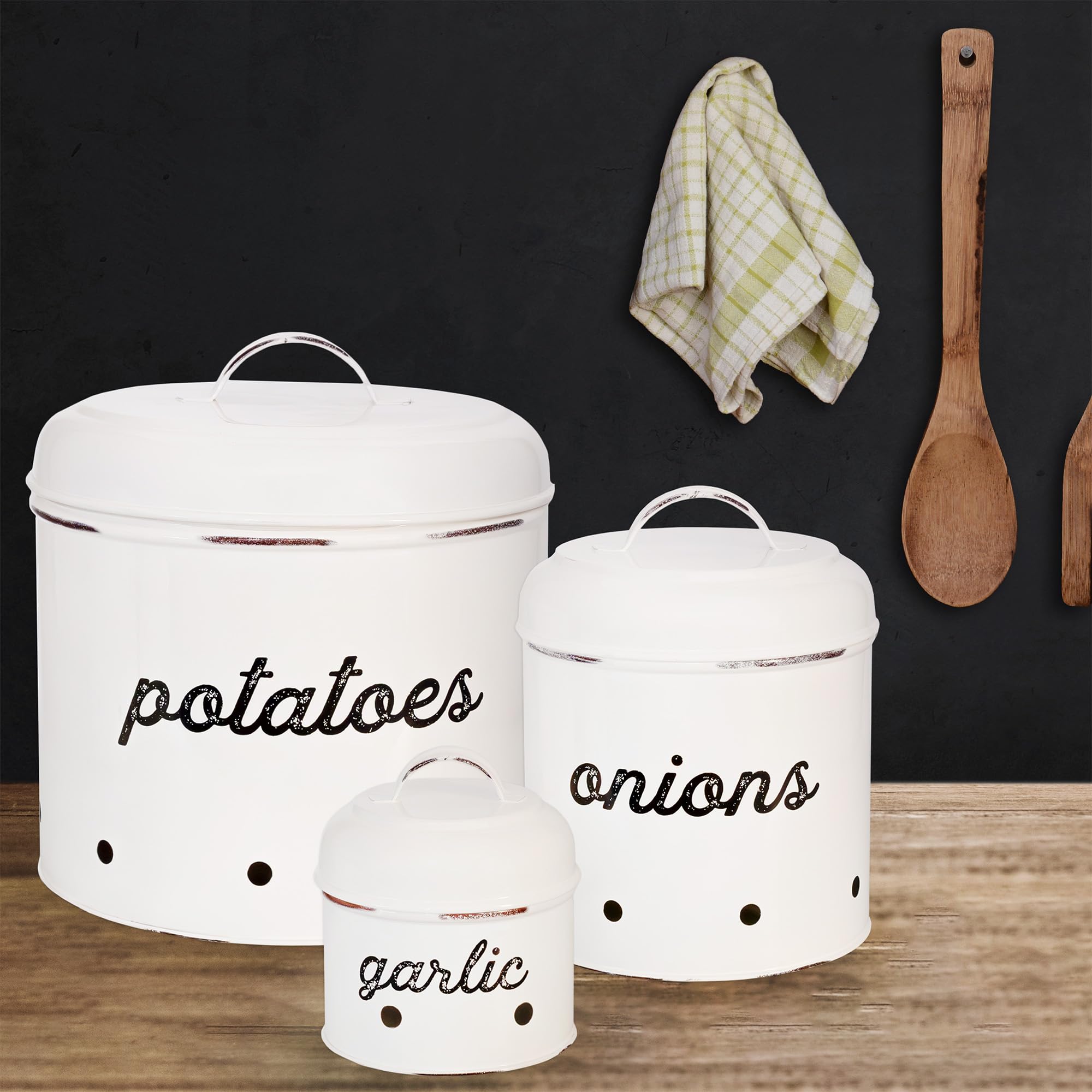 Auldhome Potatoes, Onions And Garlic Canister Set; Rustic White Enamelware Vegetable Storage Containers