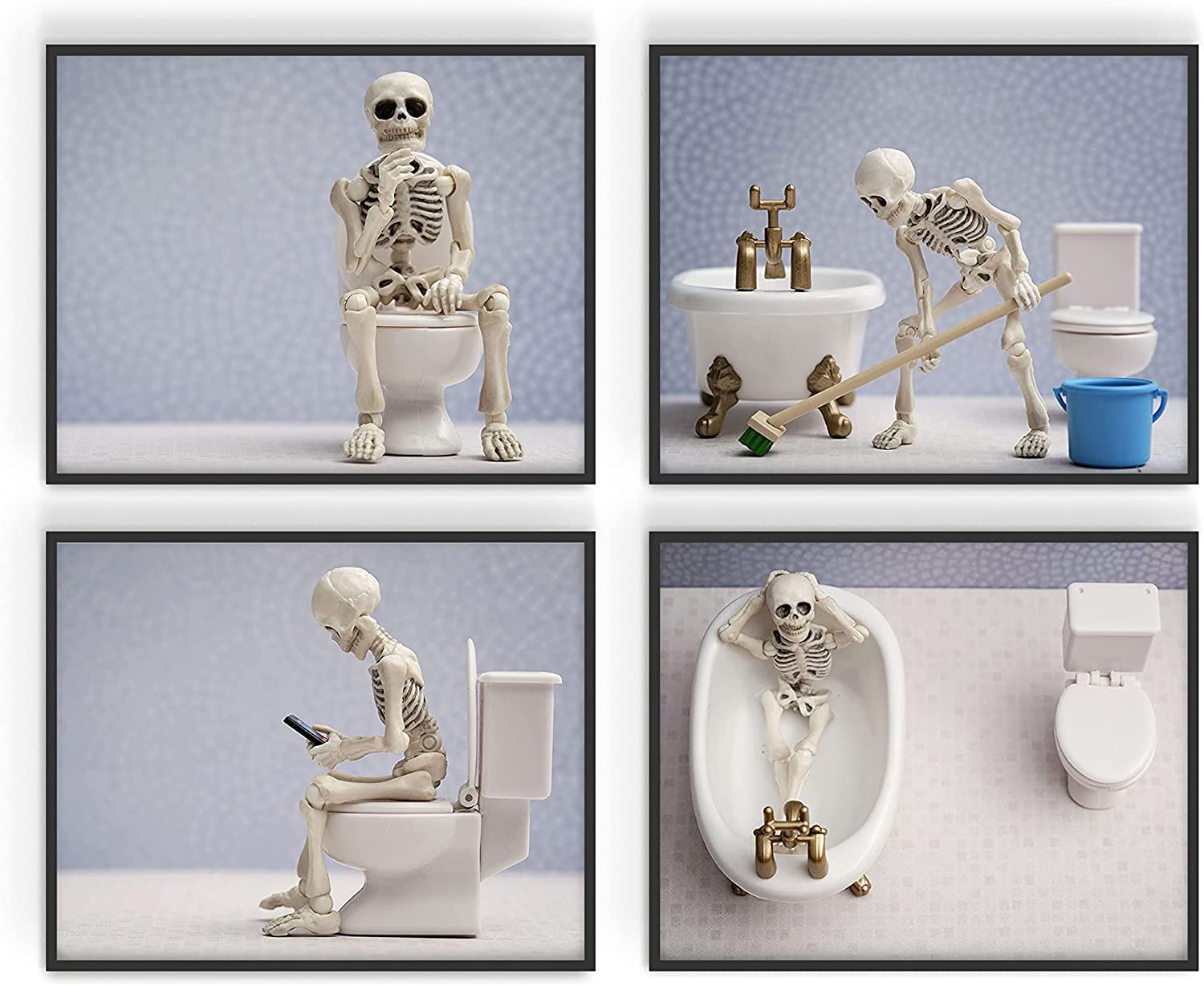 Summit Designs Skeleton Bathroom Prints - Funny Hipster Skull And Bones Wall Art Decor - Set Of 4 (11X14) Photos - Funny Bathroo