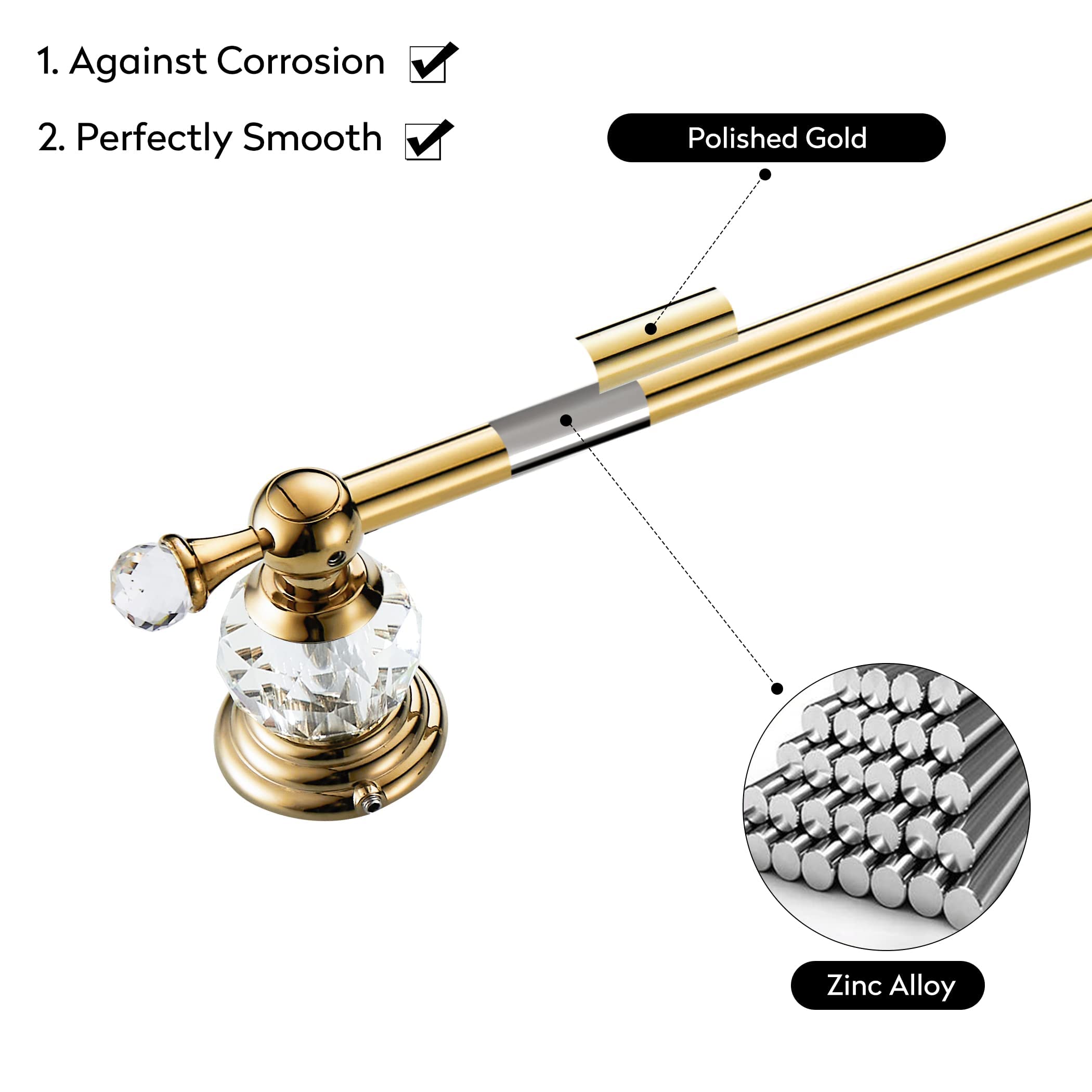Wincase Gold Towel Bar, Adjustable Crystal Towel Holder, Golden Finished Bathroom Single Towel Racks Rail Wall Mounted