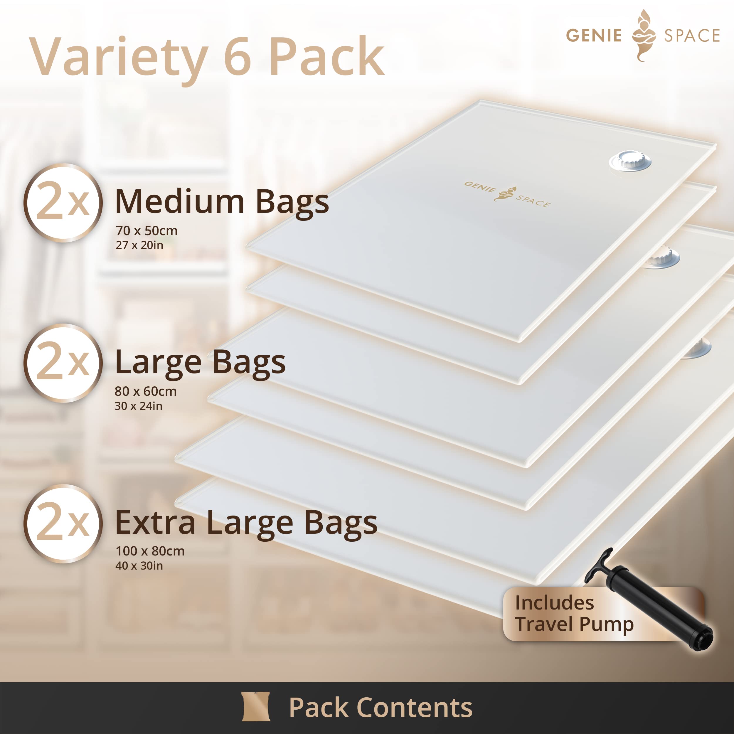 Genie Space - Incredibly Strong Premium Space Saving Vacuum Bags Storage | Variety 6 Pack (2Xl+2L+2M) | Airtight & Reusable | Cr