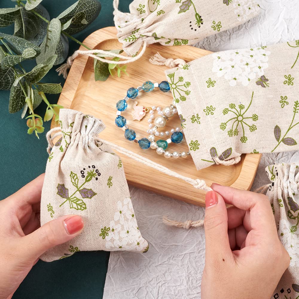 Kissitty 50 Pack Cotton Cloth Storage Bags With Drawstring 5.5X3.9 Inch Flower Printed Reusable Jewelry Gift Pouches For Wedding