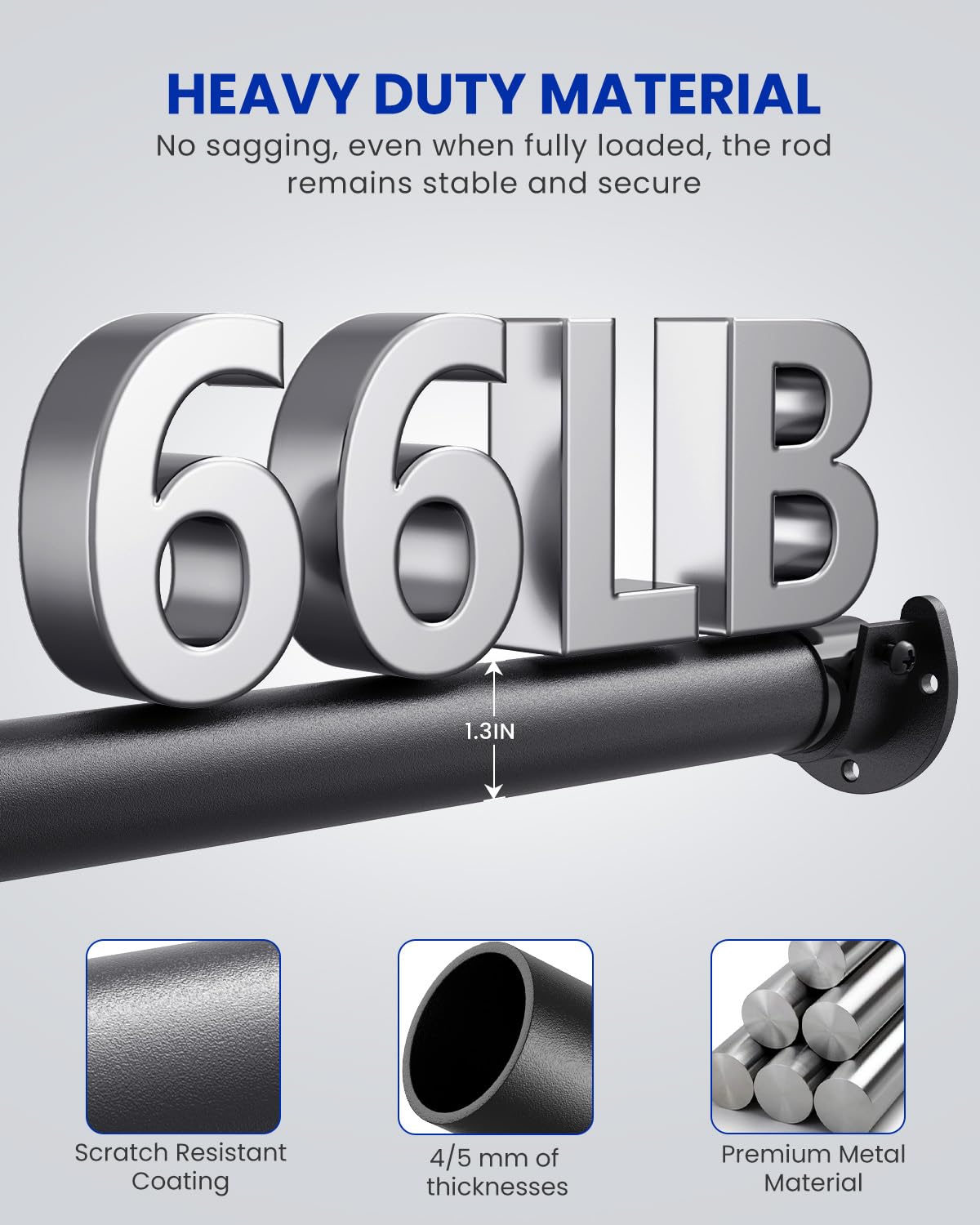 Closet Rods For Hanging Clothes, 17 To 99 Inches Stepless Adjustable Metal Closet Rod, 1.3 Inches Heavy Duty Clothes Hanging Rod