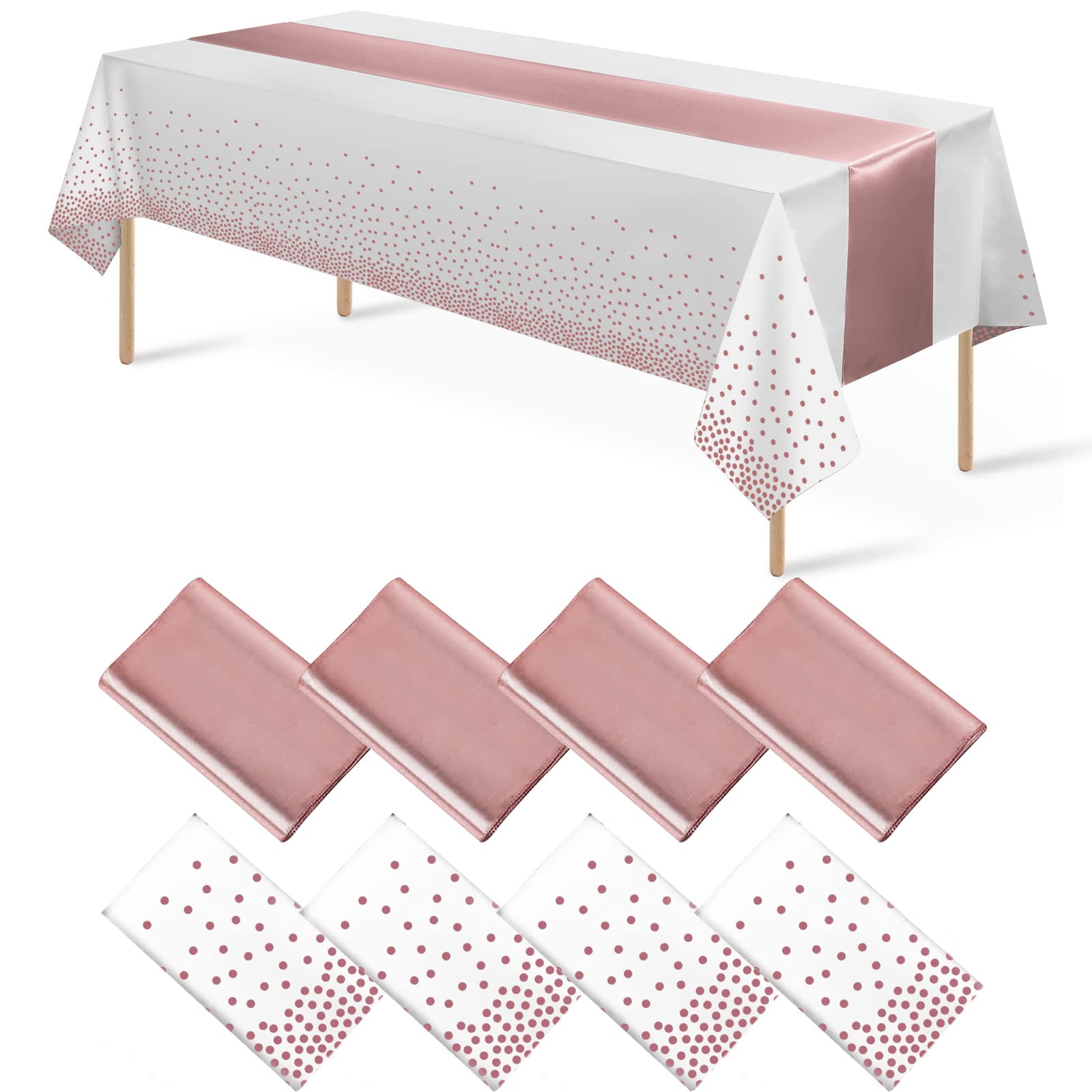 8Pack Disposable Plastic Tablecloths and Satin Table Runner Set White and Rose Gold Dot Tablecloth Rose Gold Satin Table Runner 