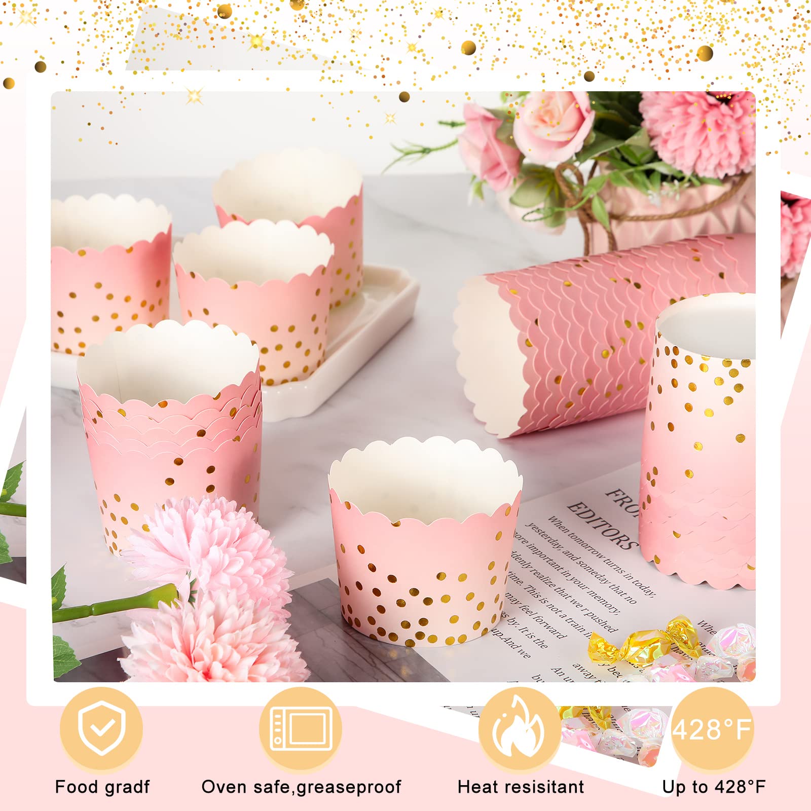 100 Pcs Pink Cupcake Liners 4.5 Oz Gold Polka Dot Paper Baking Cups For Muffins Desserts Bake, Easter, Baby Showers, Wedding And