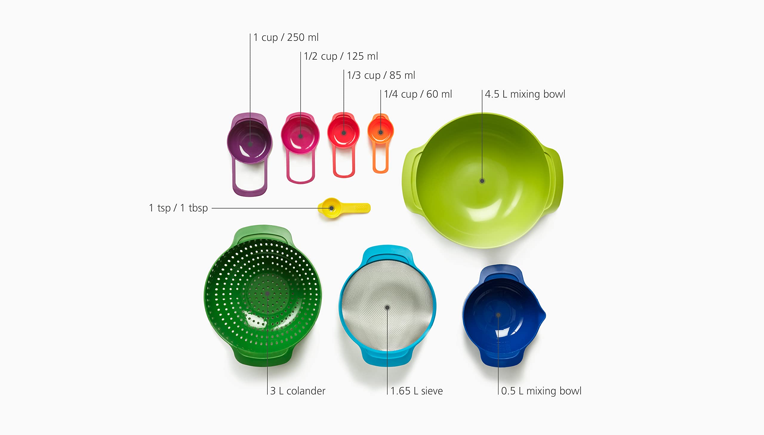 Joseph Joseph Nest 9 Plus  9 Piece compact Food Preparation Set with Mixing Bowls  Measuring cups  Sieve and colander  Multicolor