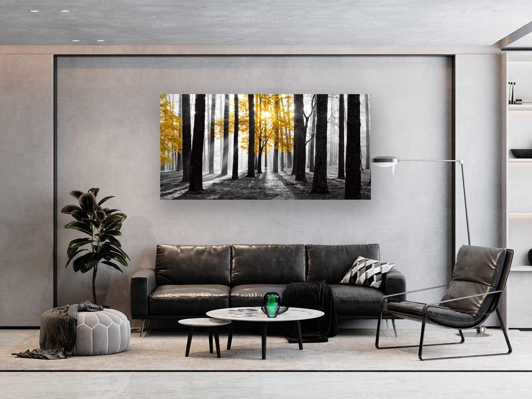 Cao Gen Decor Art S06362 Wall Art Canvas Painting Yellow Tree in Black and White Sunshine Foggy Forest Picture Poster Print Framed Ready to Hang for Living Room Bedroom Office Home Decor