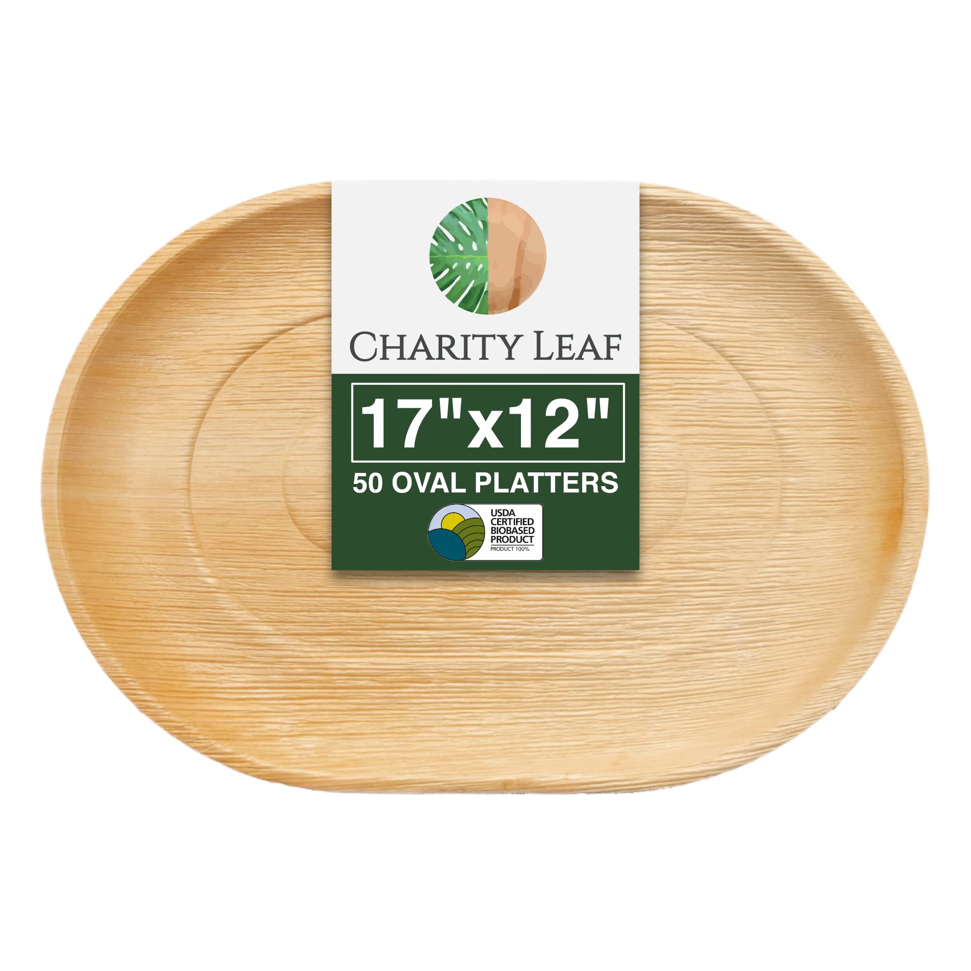 Charity Leaf Disposable Palm Leaf 17'' X 12'' Trays (50 Pieces) Bamboo Like Serving Platters, Disposable Boards, Eco-Friendly Di