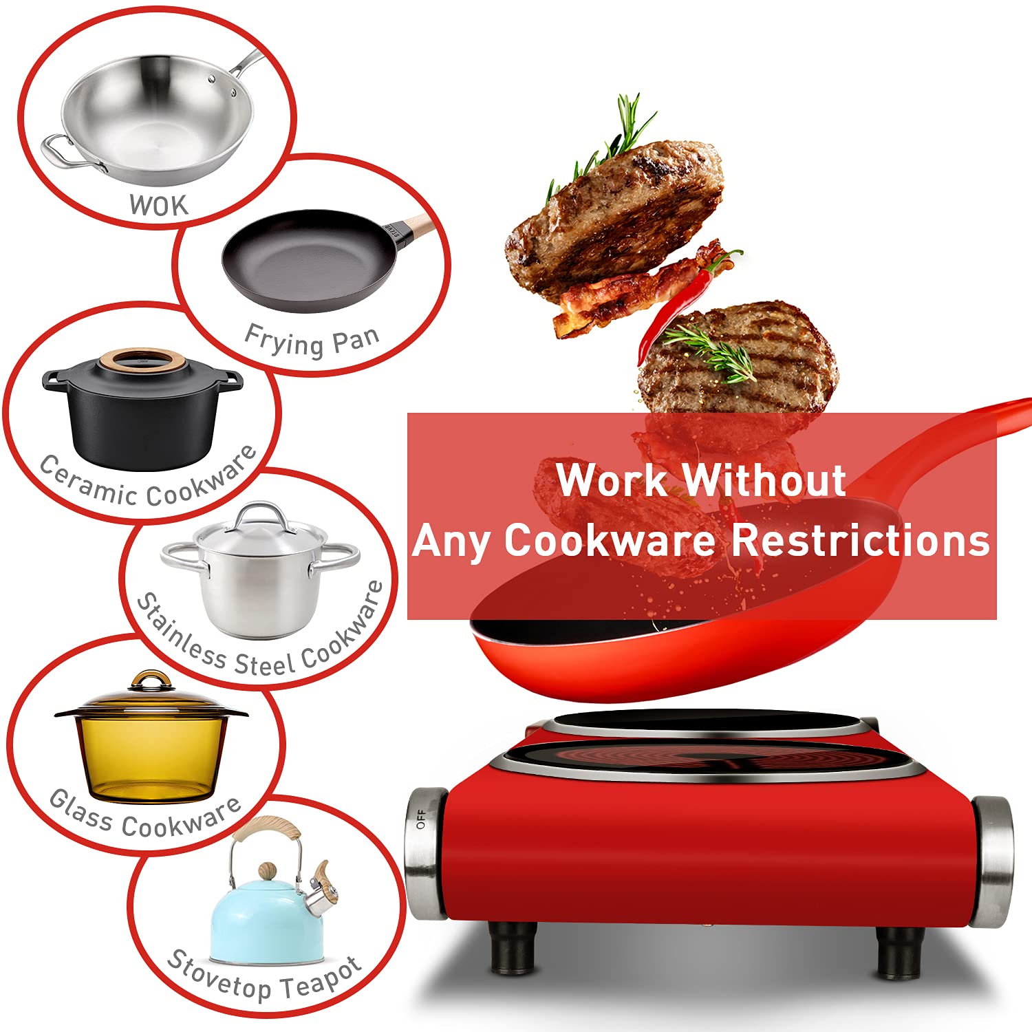 Hot Plate  Techwood 1800W Dual Electric Stoves  Countertop Stove Double Burner for Cooking  Infrared Ceramic Hot Plates Double Cooktop  Red  Brushed Stainless Steel Easy To Clean Upgraded Version  Red