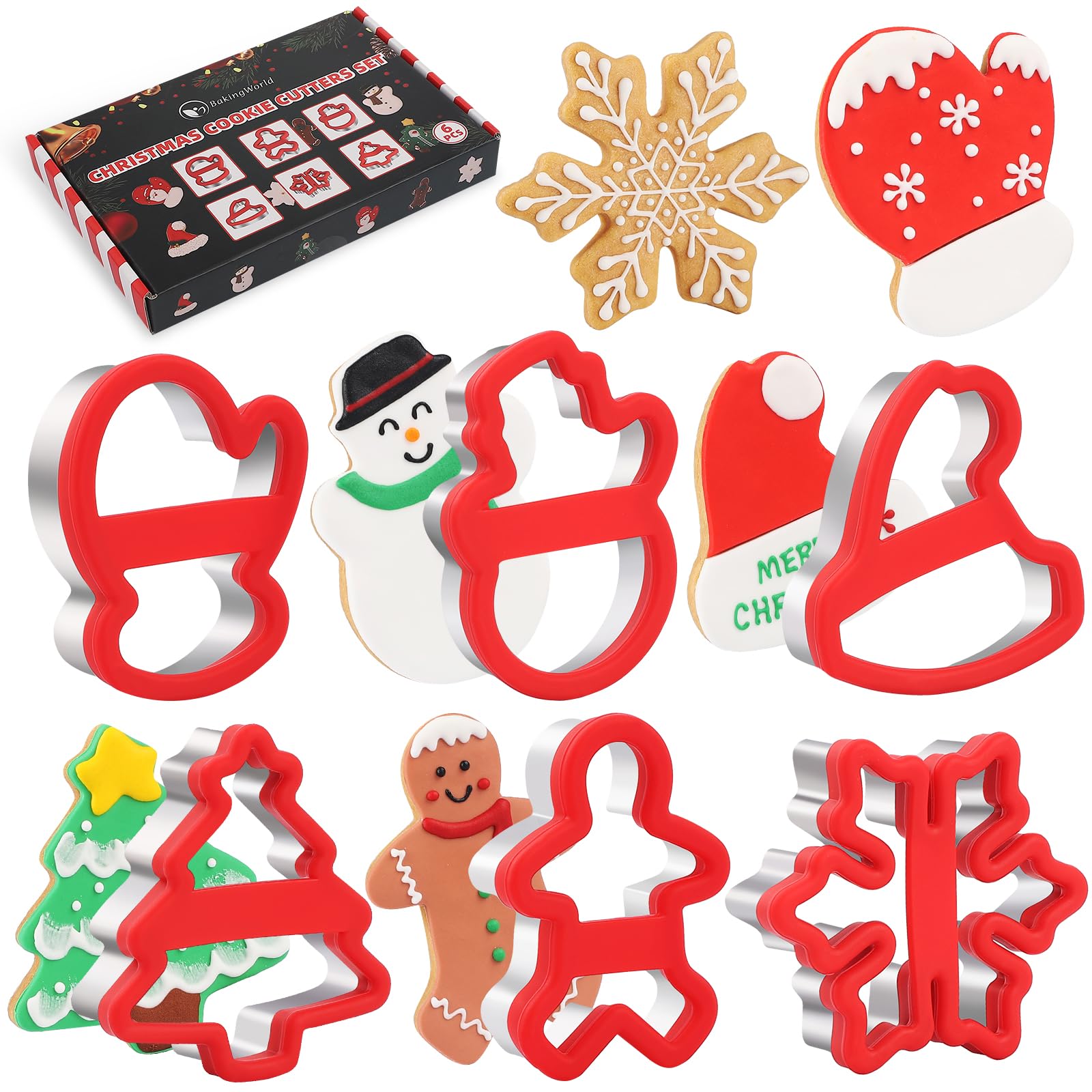 Christmas Cookie Cutters, 6 Pcs Holiday Cookie Cutter With Comfort Grip - Gingerbread Men, Christmas Tree, Snowflake, Santa Hat,