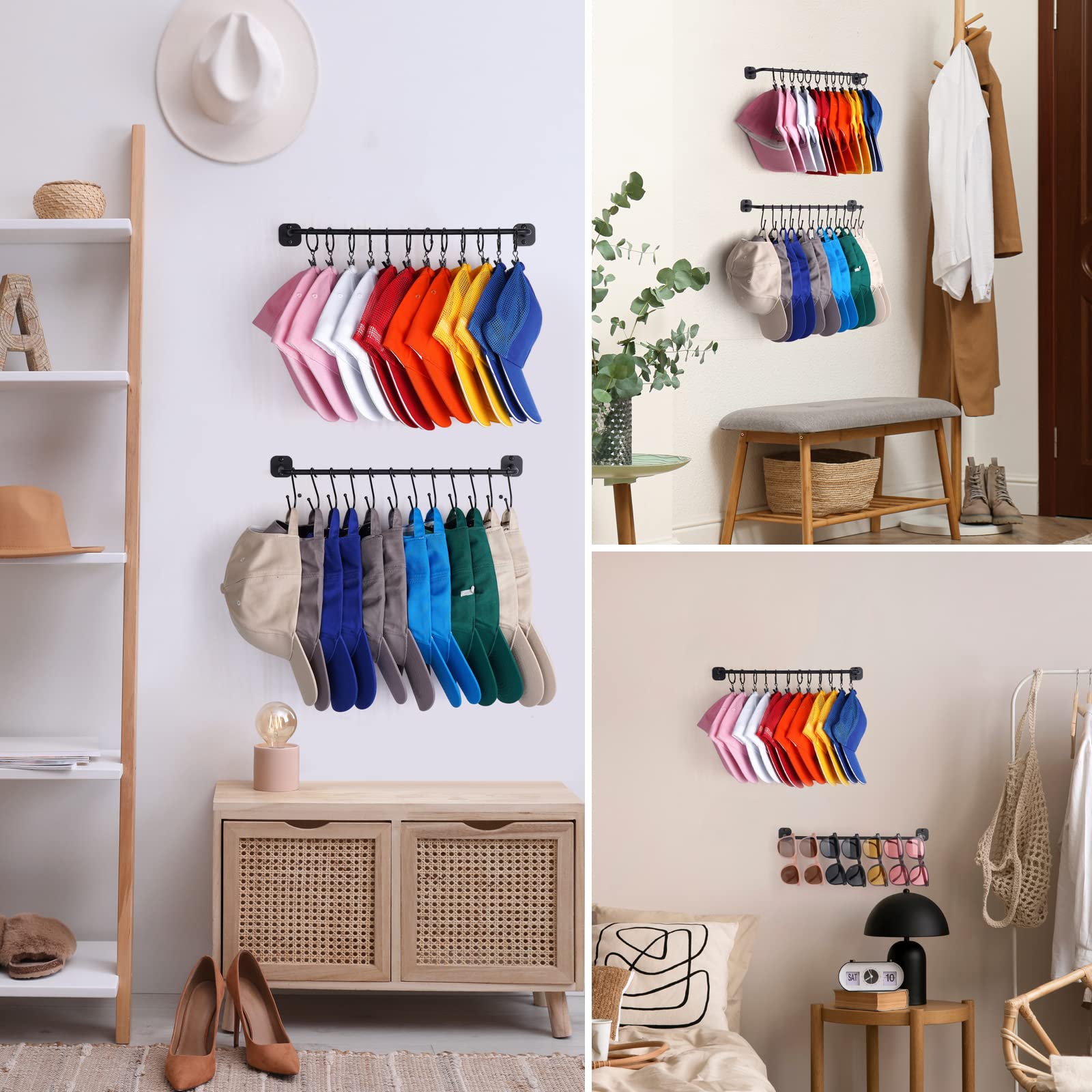 HYDERMUS Hat Rack for Wall 24 Baseball Caps  Modern Metal Hat Hook with 12 Clips and 12 Hooks Hat Holder Wall-Mounted Hat Hook Storage Display for Closet Bedroom Entryway Laundry  2 Pack Black