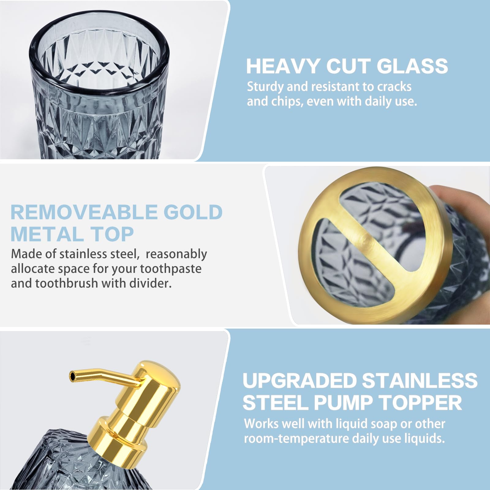 Blue Bathroom Accessories Set - 5Pcs Clear Glass Bathroom Accessory Set (Toothbrush Holders, Soap Dispenser, Soap Dish, Tumbler,