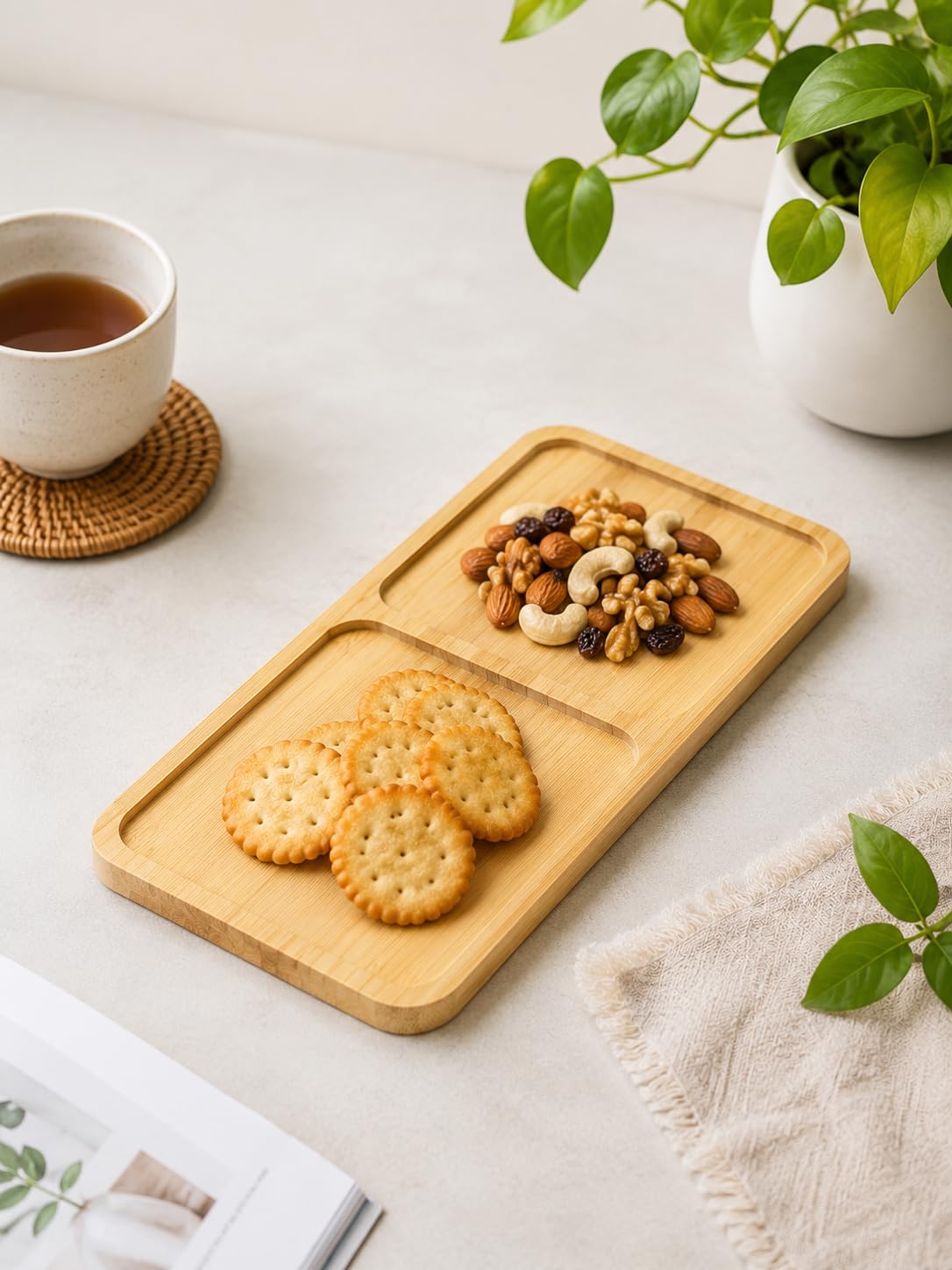 Olpad Bamboo Serving Tray With Compartments, Multipurpose Wooden Snack Platter For Tea Coffee Fruits Nuts Dessert, Decorative Or