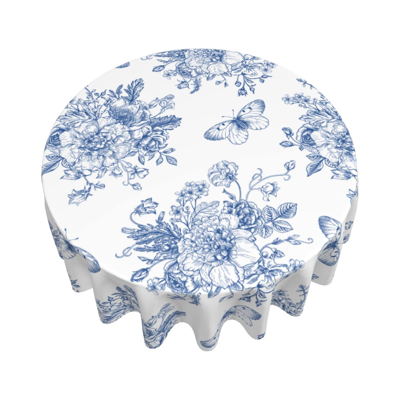 Spring Floral Tablecloth Round 60 Inch Ruitic Butterfly Table Cloth Waterproof Fabric Farmhouse Blue White Flower Tablecloths De