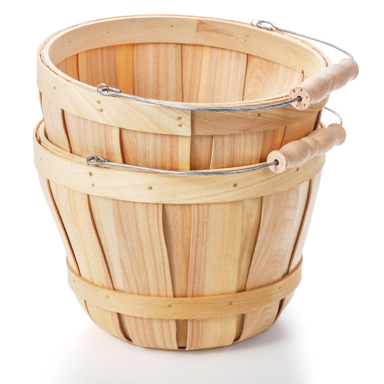 Okllen 2 Pack Round Wooden Baskets With Handle, Empty Wood Fruit Buckets, Fall Harvest Basket For Display Fruits Vegetables, Hom