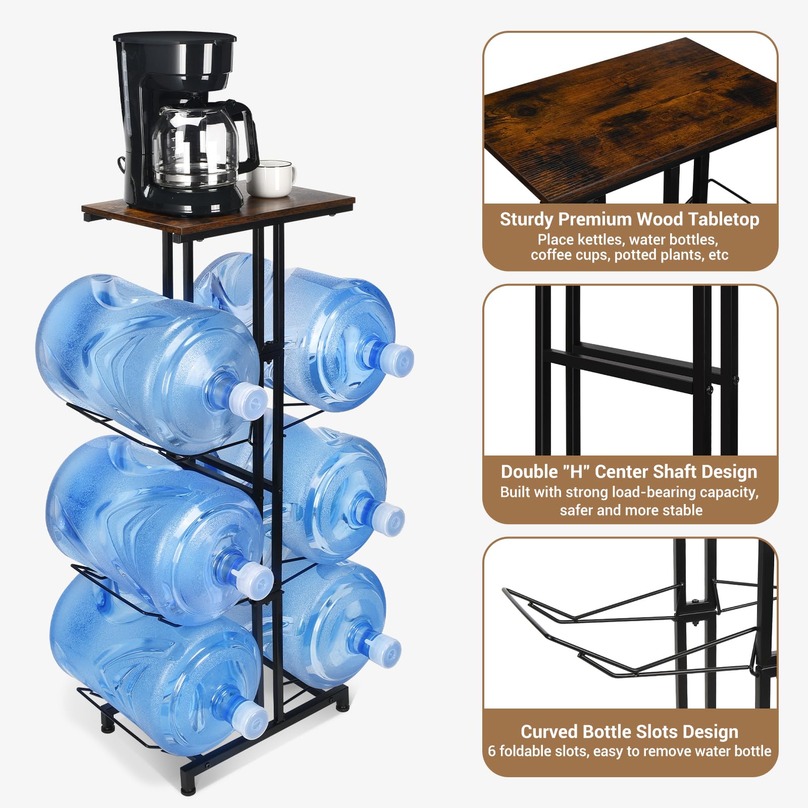 Carod 5 Gallon Water Jug Holder, Heavy Duty Water Jug Stand With Storage Shelves, 3-Tier Foldable 5 Gallon Water Bottle Holder W