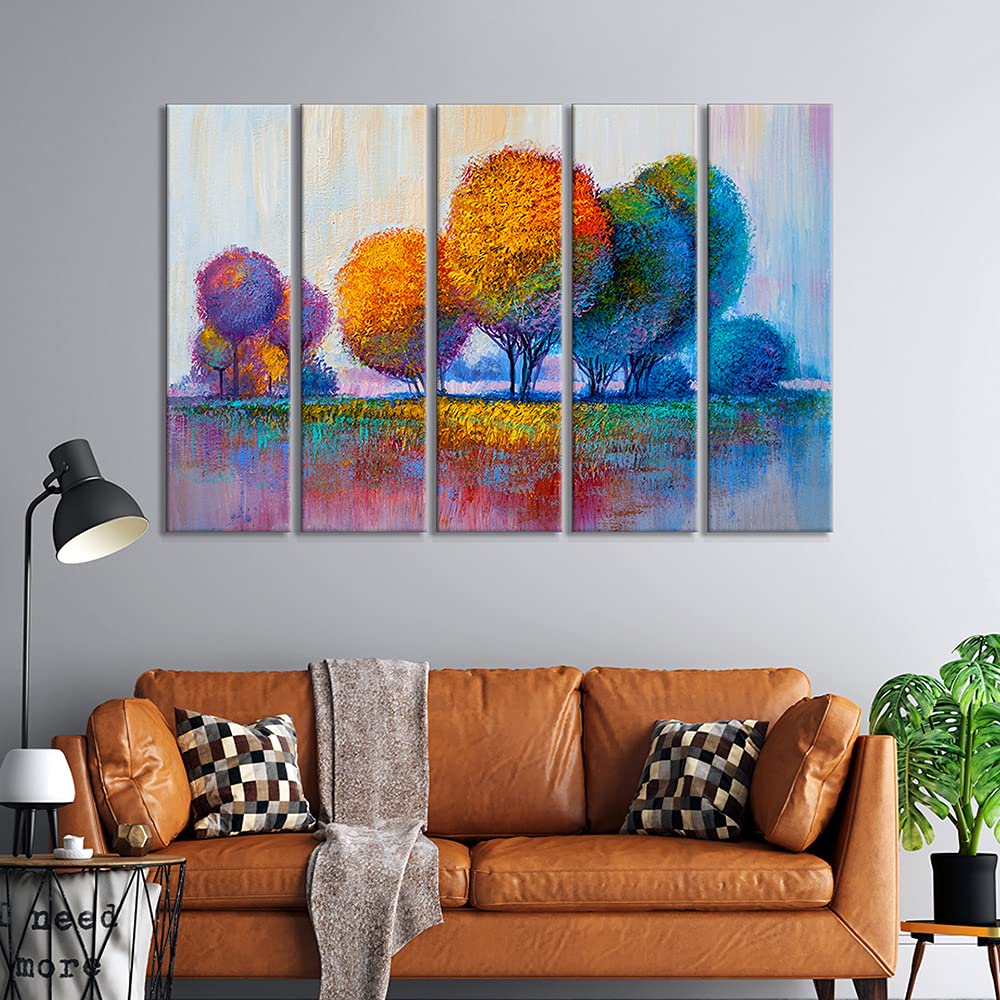 999Store 5 Panel Wall Painting Wall Frames For Living Room With Frame Wall Hanging Colorful Yellow Blue Trees Landscape (Mdf_Siz
