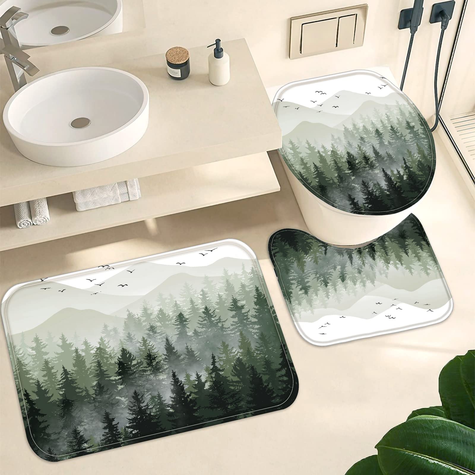 Fungarth 4 Pcs Green Misty Forest Shower Curtain Set With Rug Nature Mountain Bathroom Sets With Waterproof Fabric Shower Curtai
