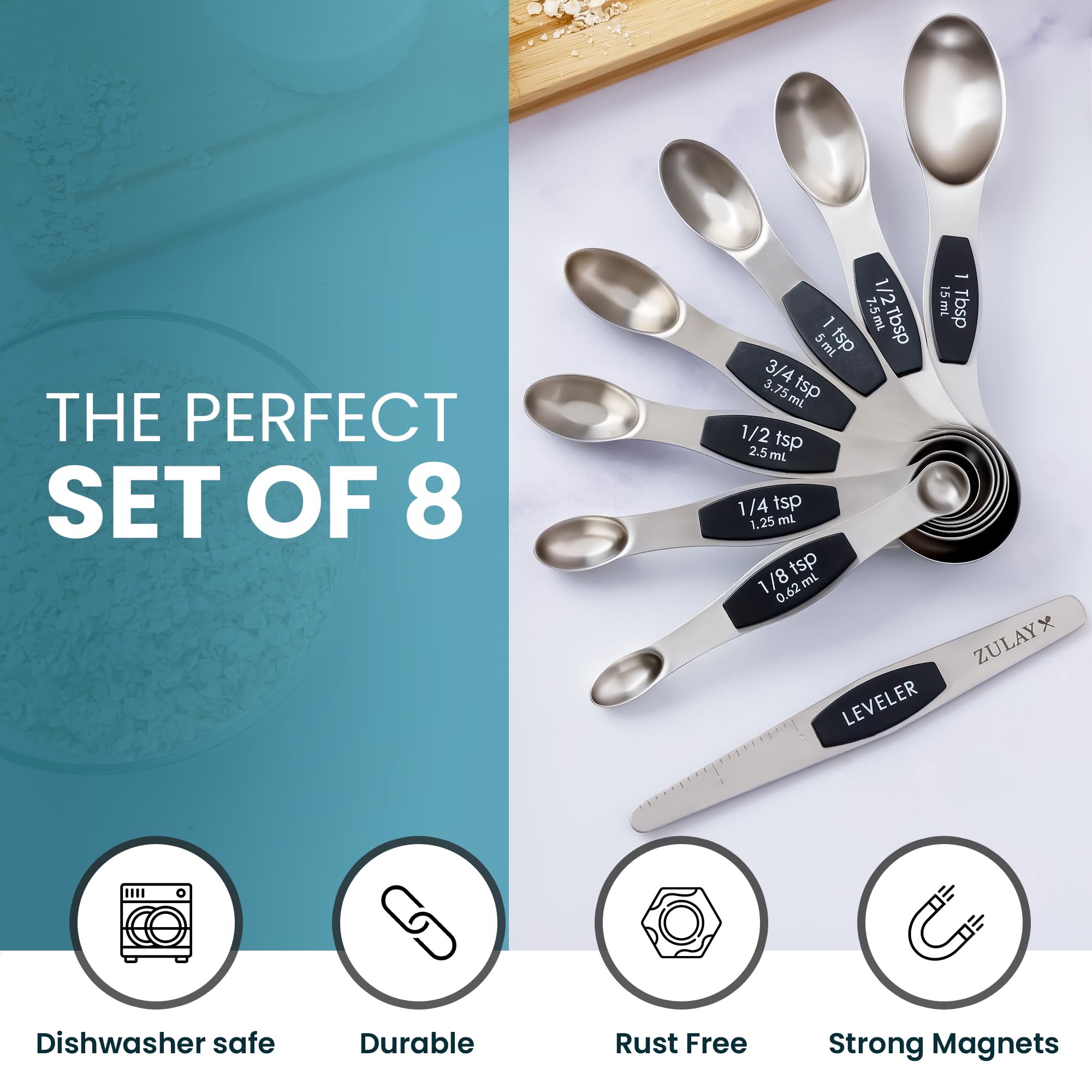 Zulay Heavy Duty Stainless Steel Measuring Spoons With Easy To Read, Slim Design For Narrow Spice Jars, 6 Piece Measuring Spoons