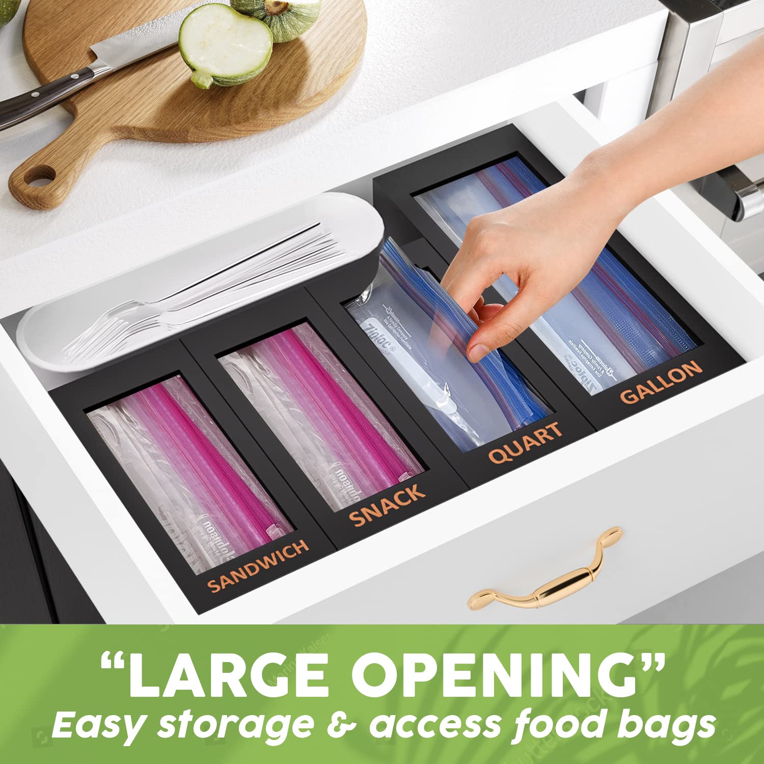 Dalshabet Bamboo Storage Bag Organizer For Kitchen Drawer, 4 Separate Food Storage Bag Organizer, 12X14 Baggie Organizer Dispens