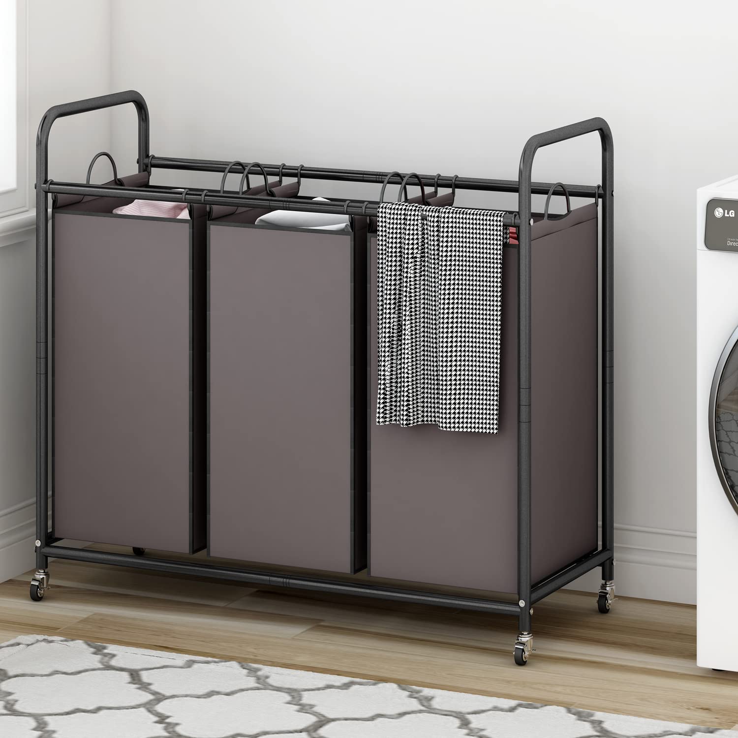 Linzinar 3-Bag Laundry Sorter,Laundry Hamper Cart With Heavy Duty Rolling Lockable Wheels And Removable Bags (Brown)